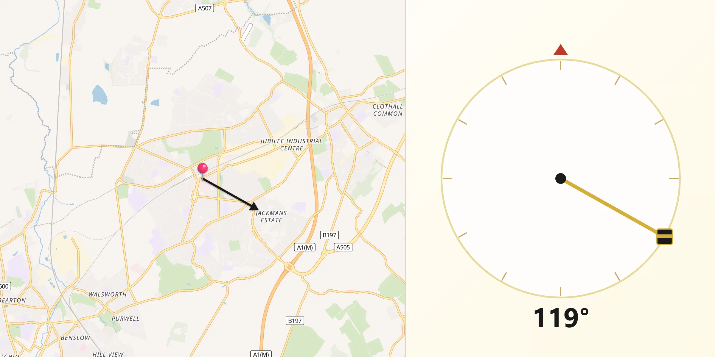 Qibla Direction from Letchworth