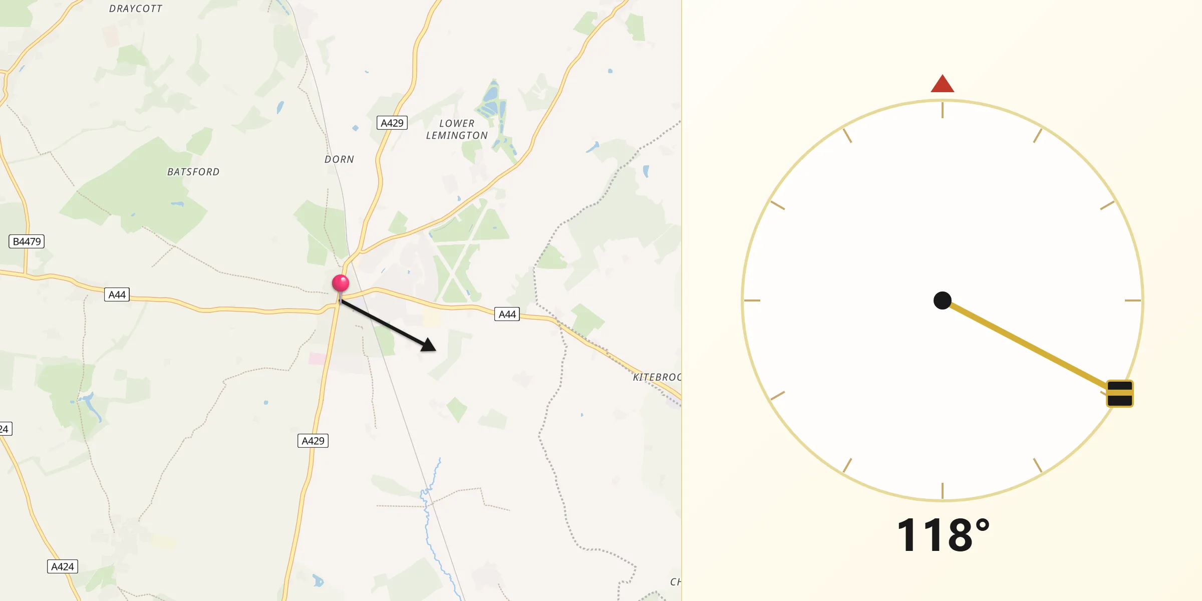 Qibla Direction from Moreton in Marsh