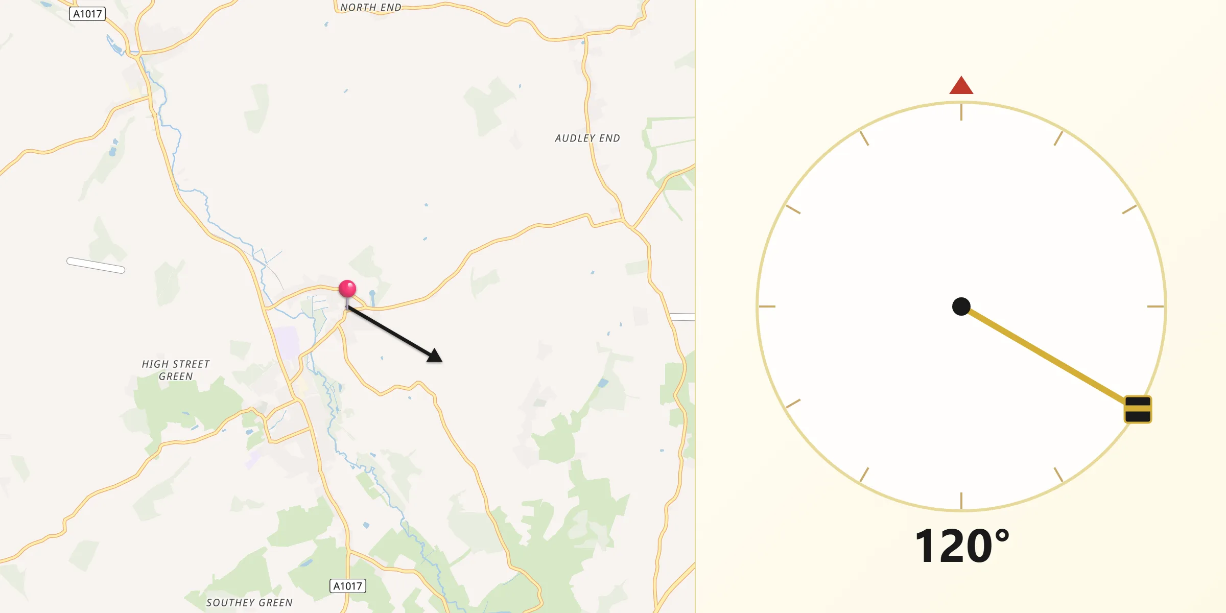 Qibla Direction from Castle Hedingham