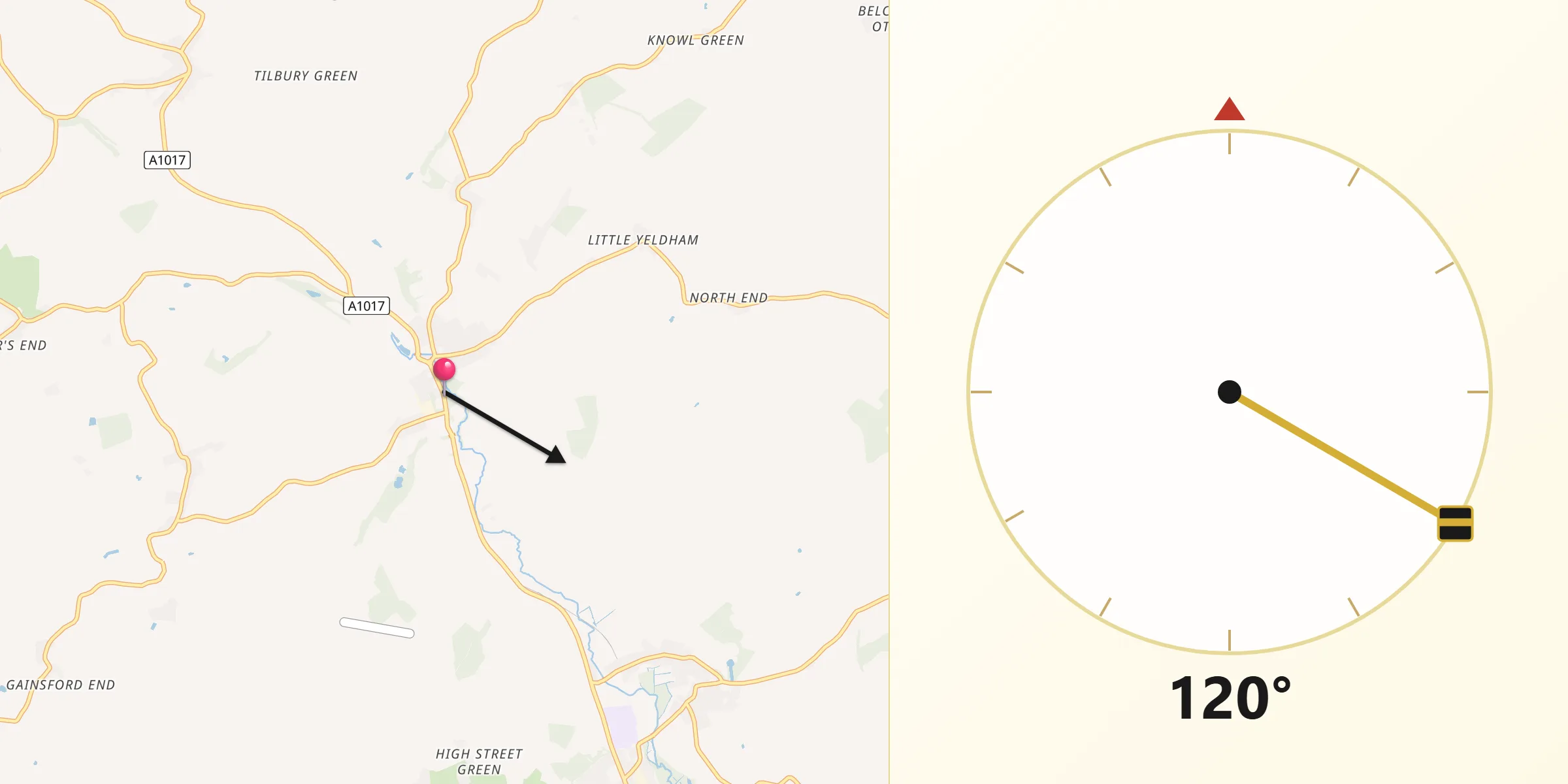 Qibla Direction from Great Yeldham