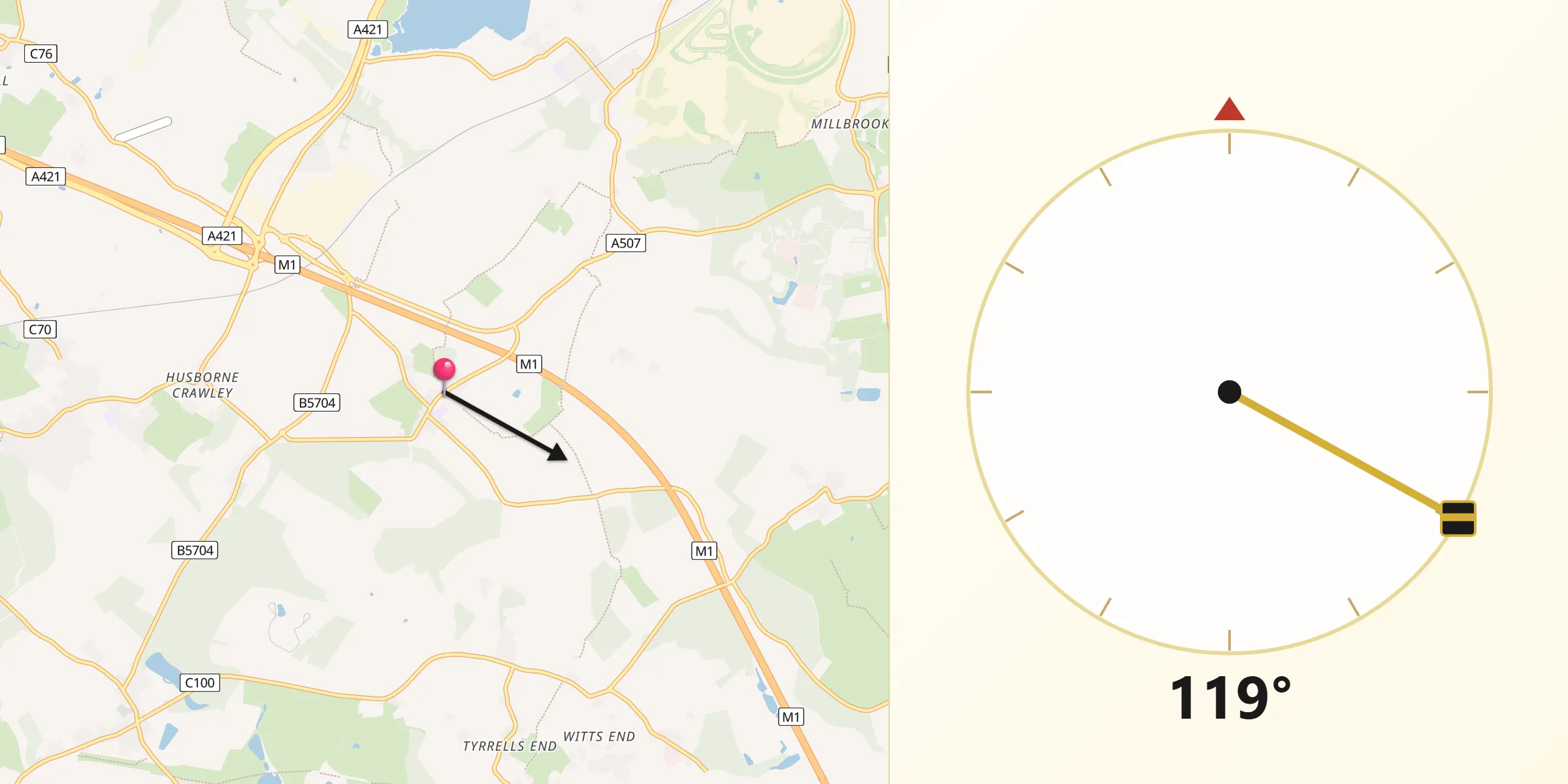 Qibla Direction from Ridgmont