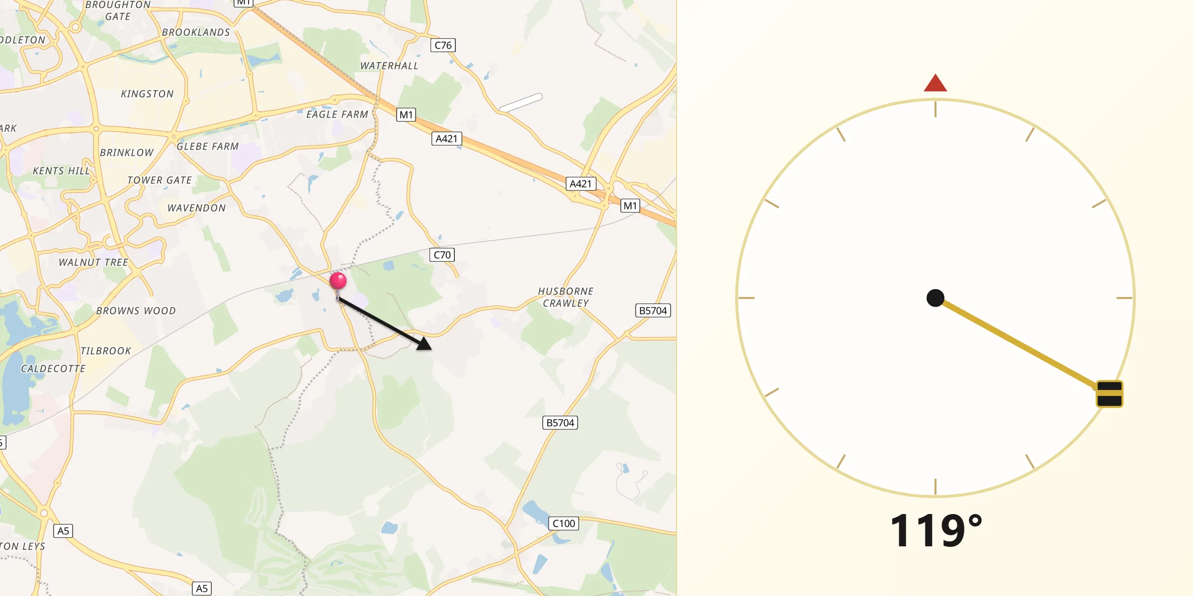 Qibla Direction from Woburn Sands