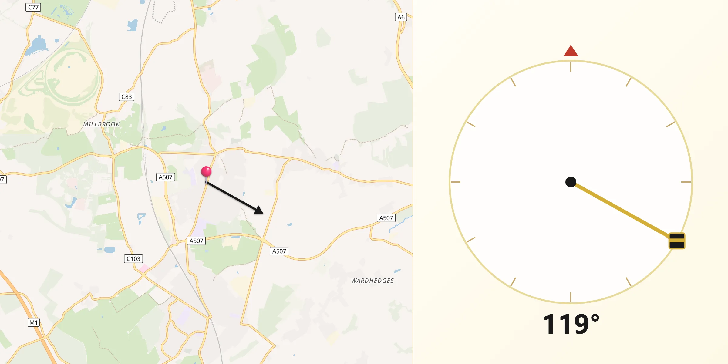 Qibla Direction from Ampthill