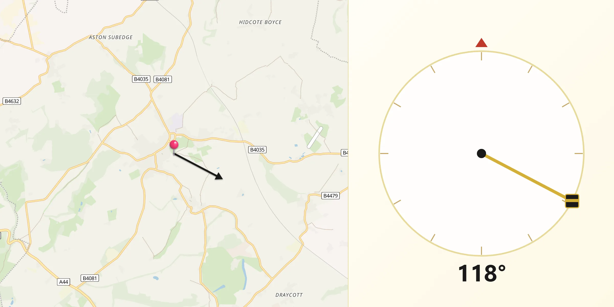 Qibla Direction from Chipping Campden