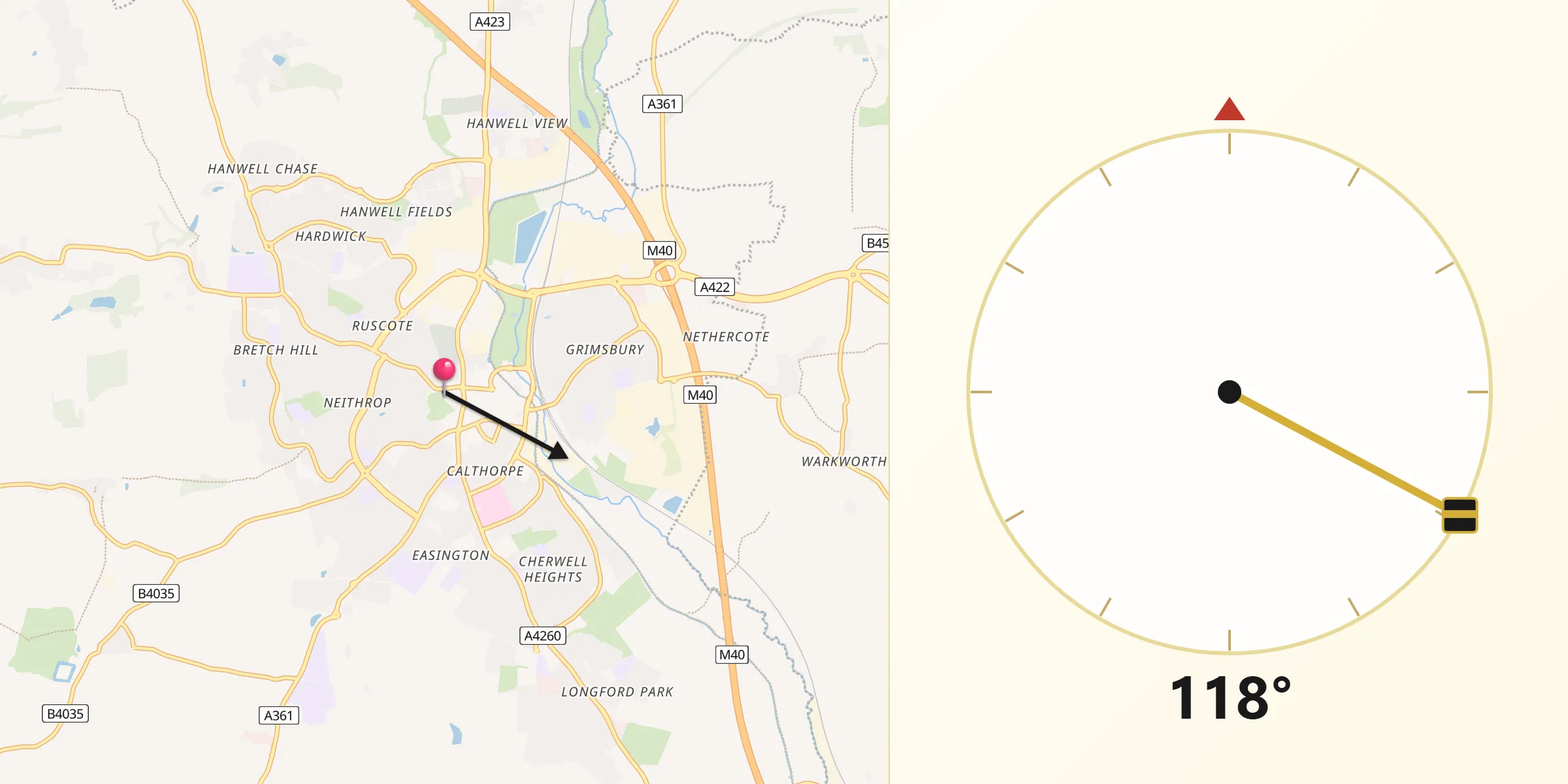 Qibla Direction from Banbury
