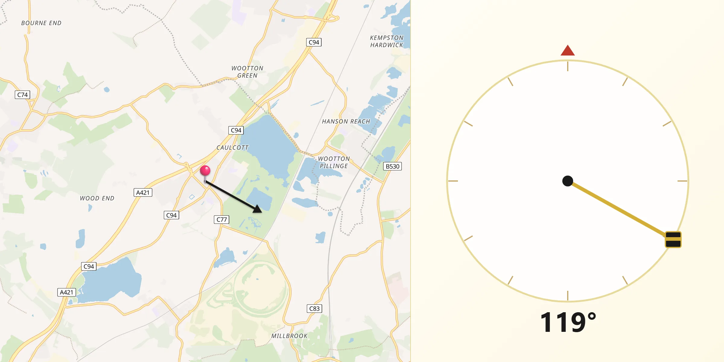 Qibla Direction from Marston Moretaine