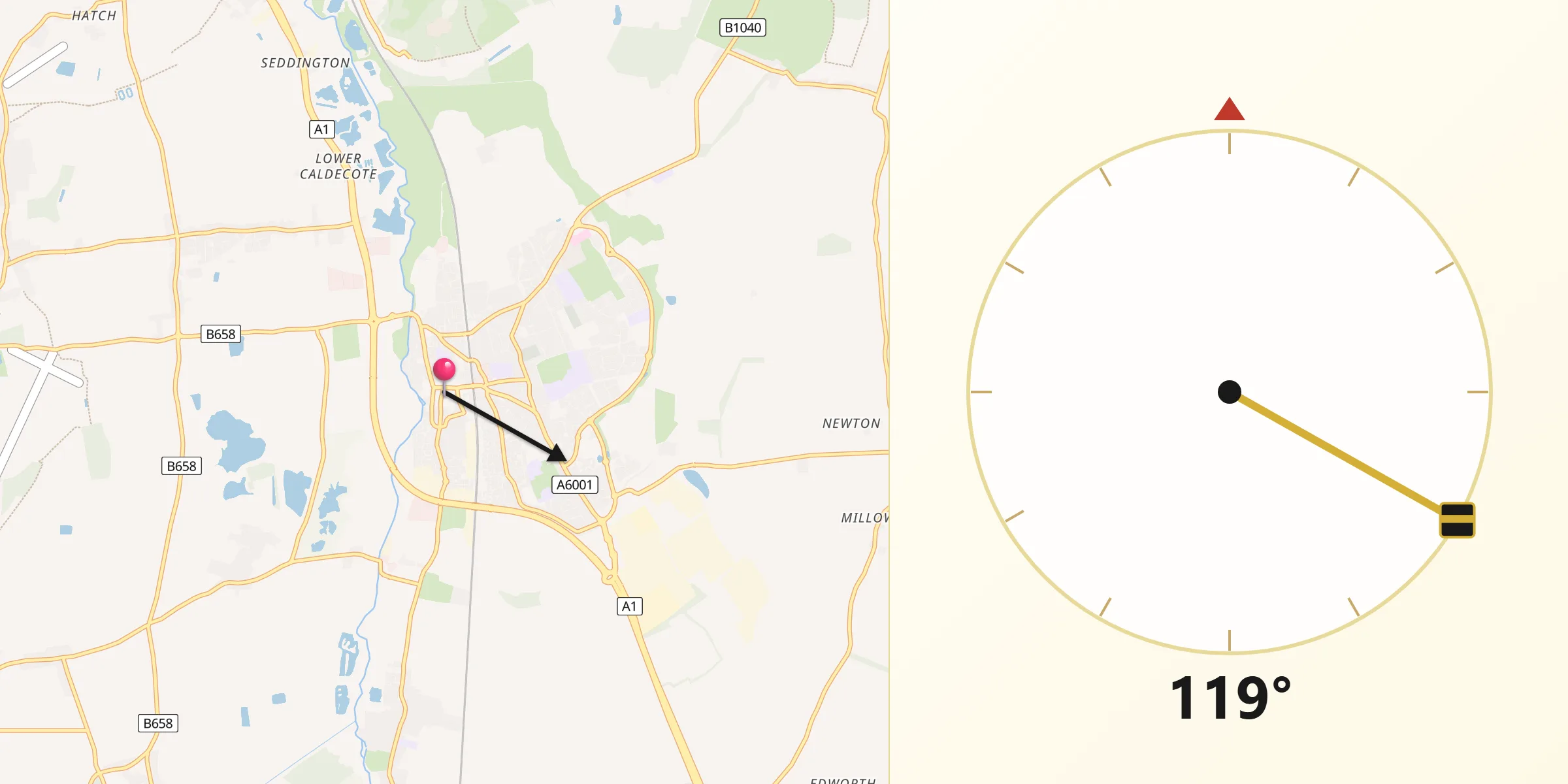Qibla Direction from Biggleswade