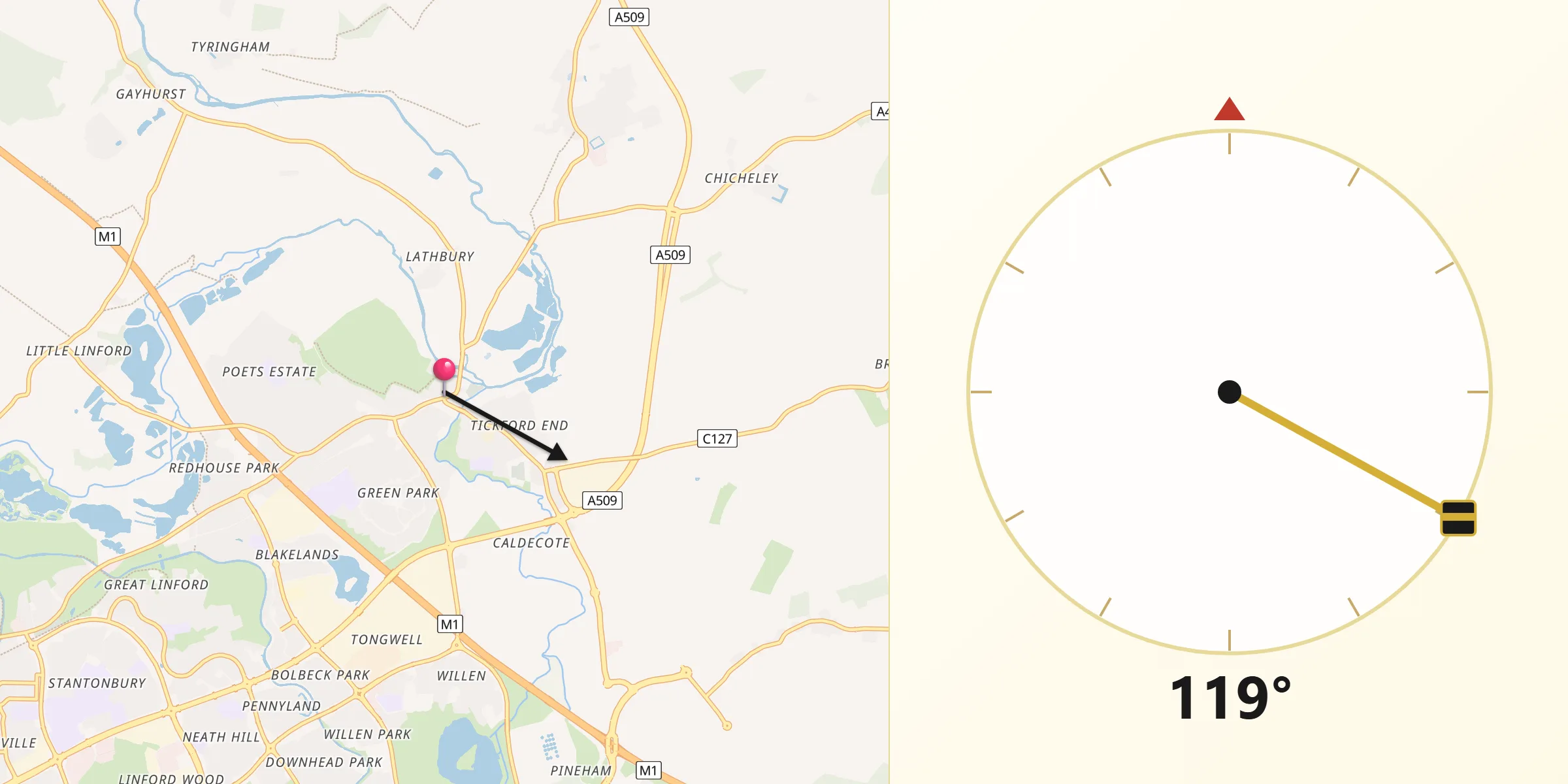 Qibla Direction from Newport Pagnell