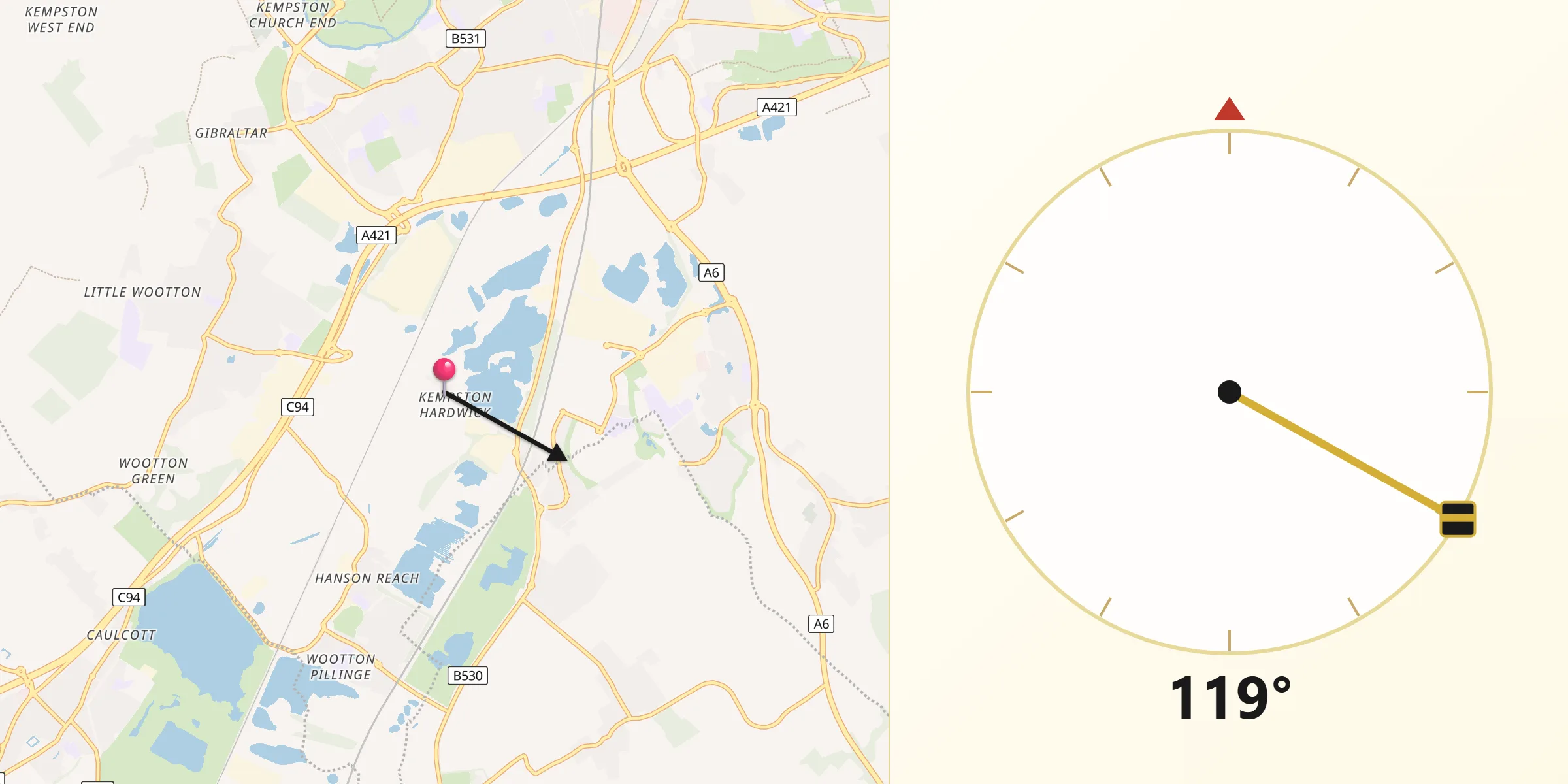 Qibla Direction from Kempston Hardwick