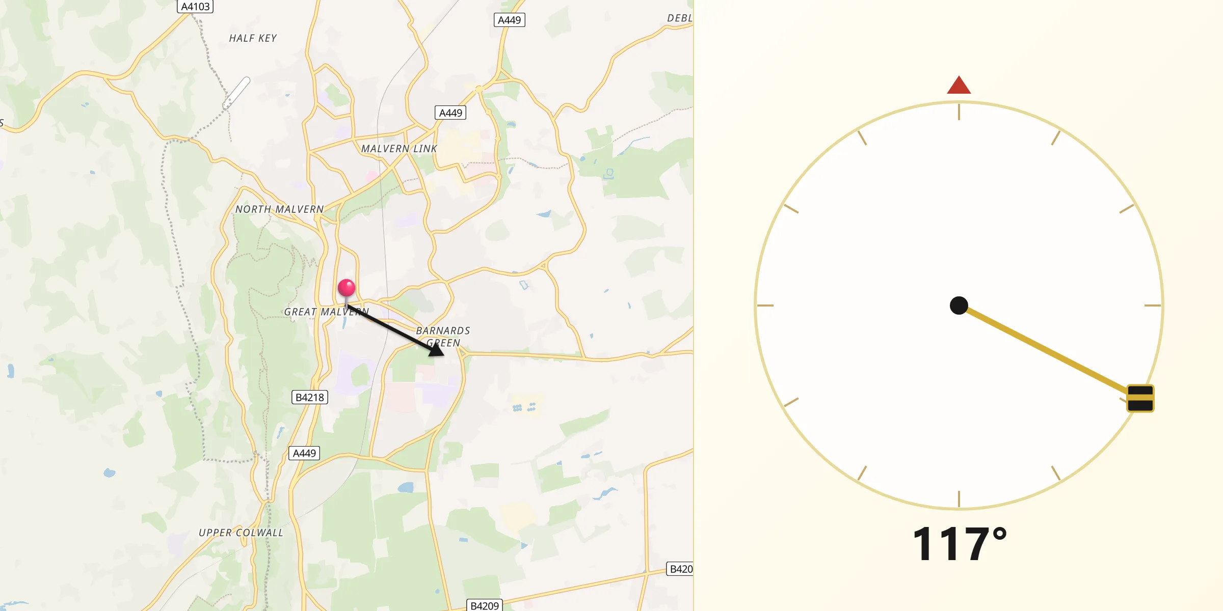 Qibla Direction from Great Malvern