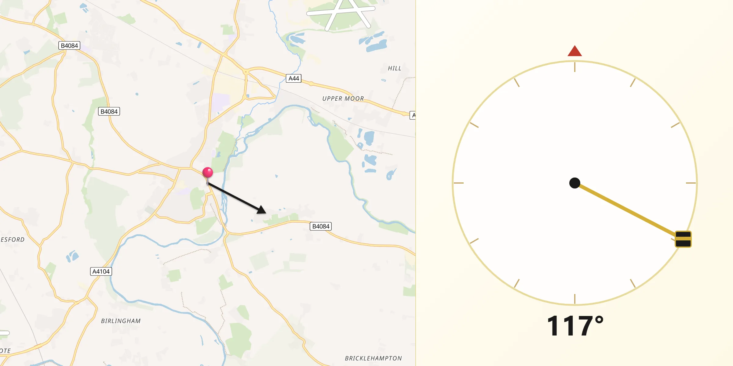 Qibla Direction from Pershore