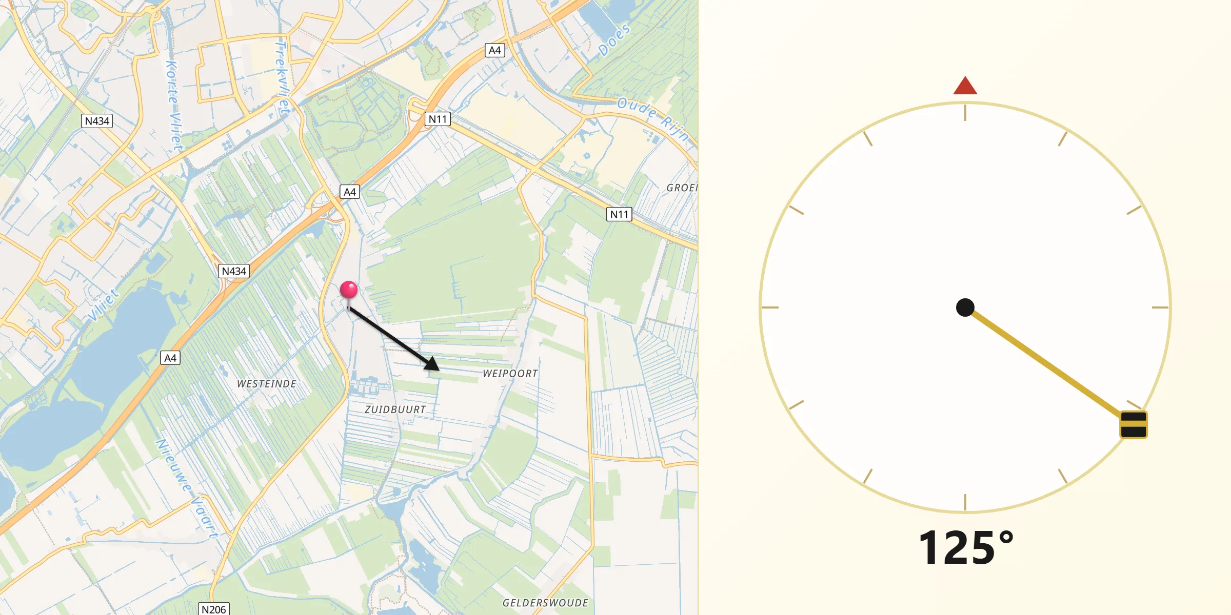 Qibla Richting vanaf Zoeterwoude-Dorp