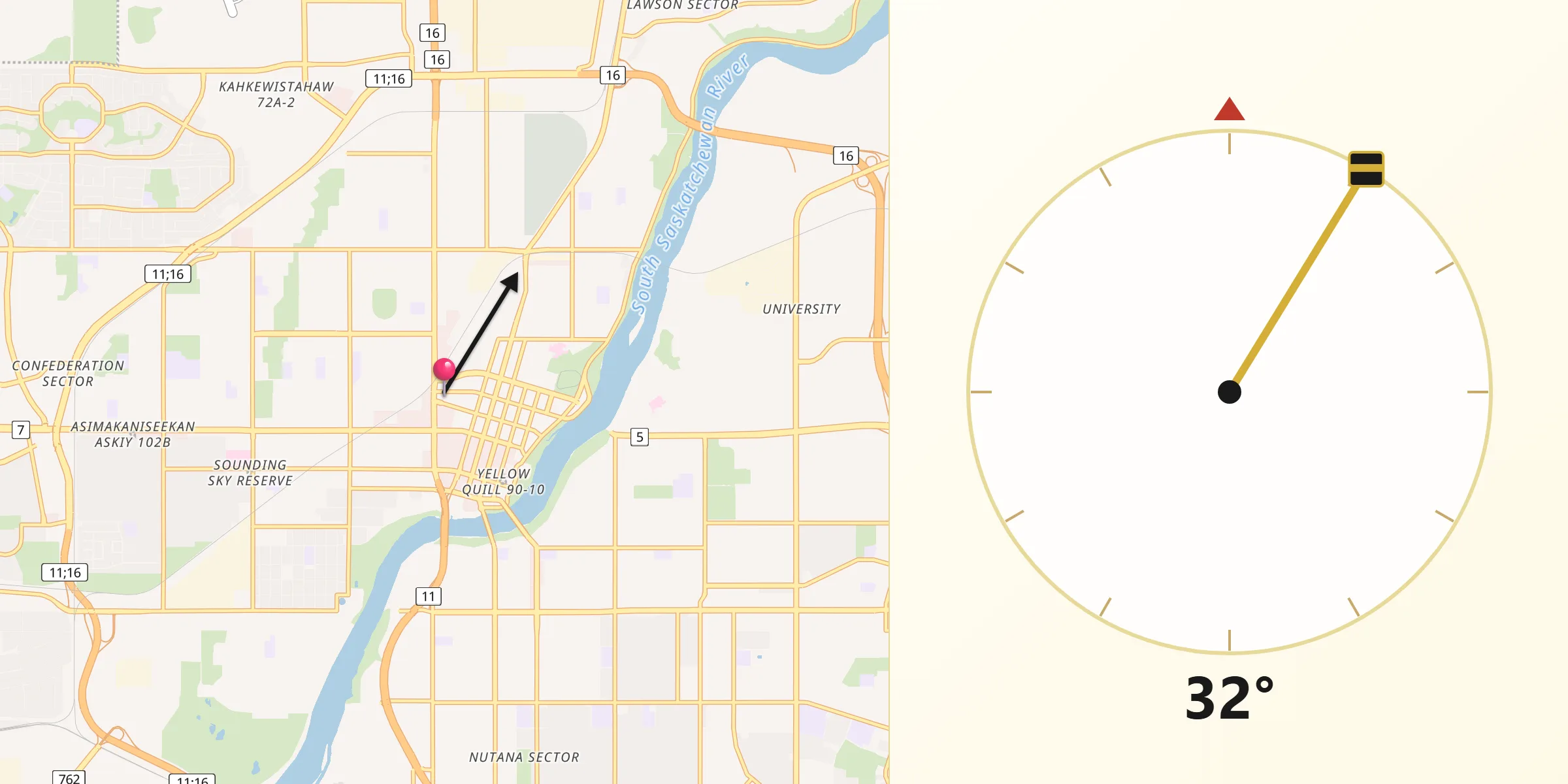 Qibla Direction from Saskatoon