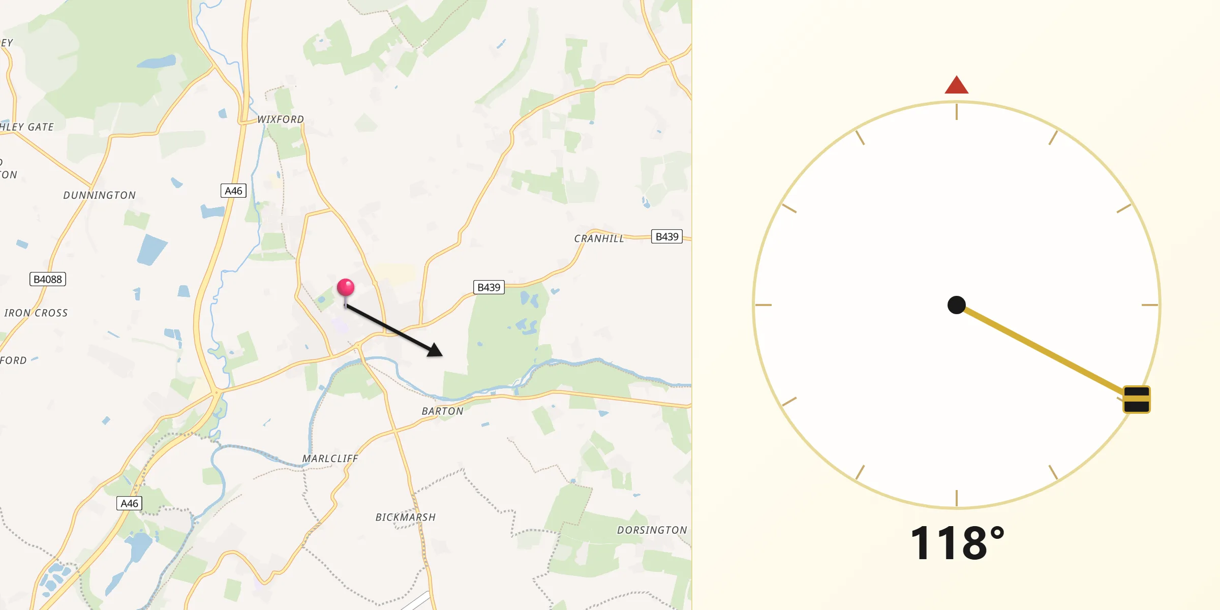 Qibla Direction from Bidford-on-Avon