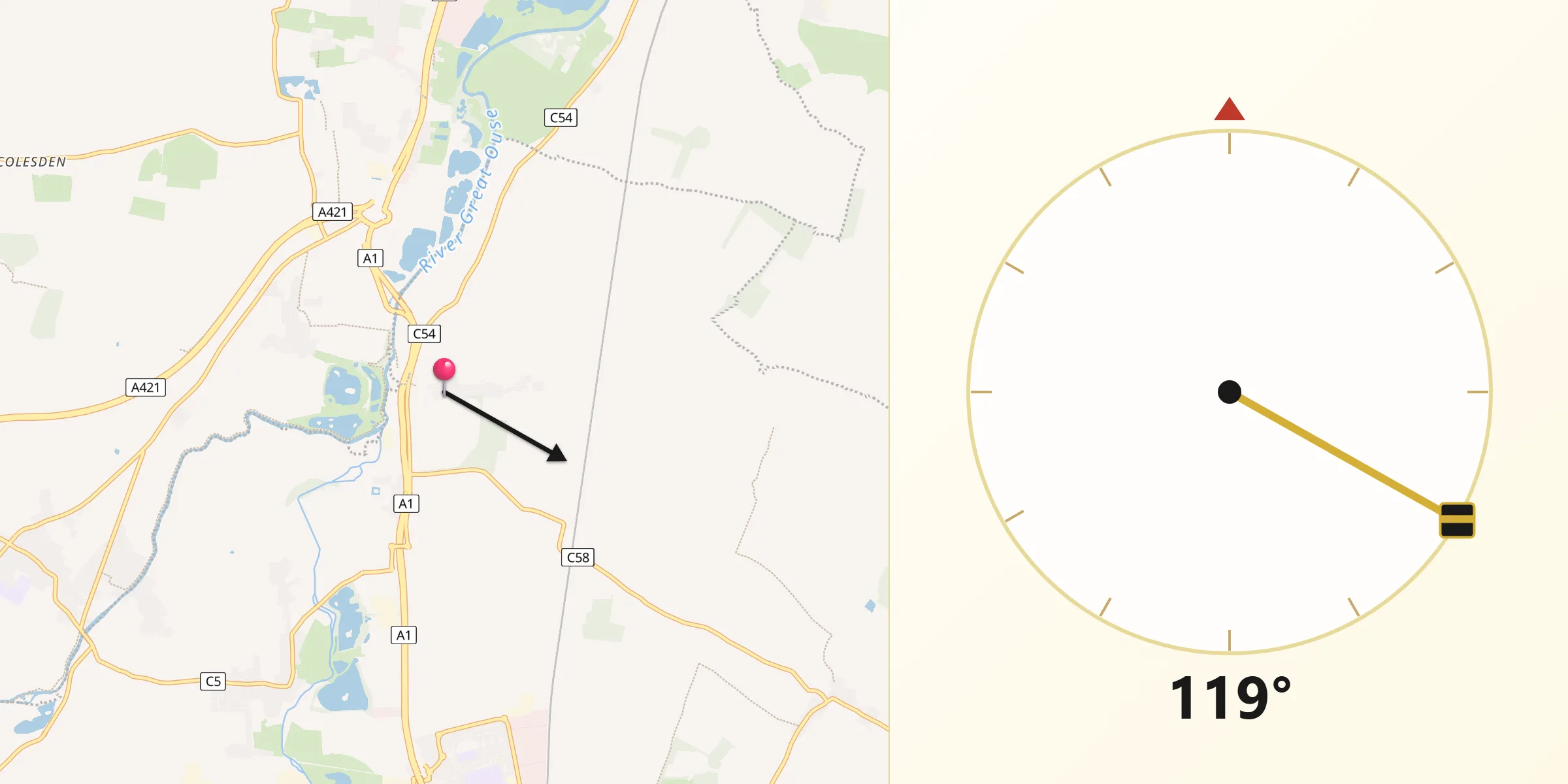 Qibla Direction from Tempsford
