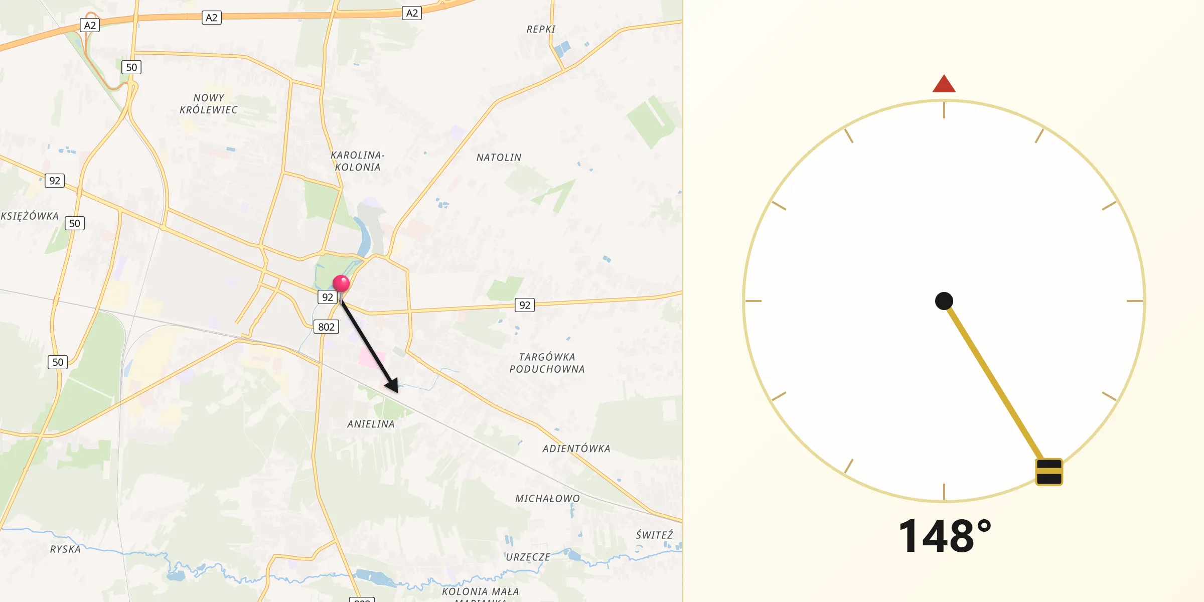 Kierunek Qibla z Mińsk Mazowiecki