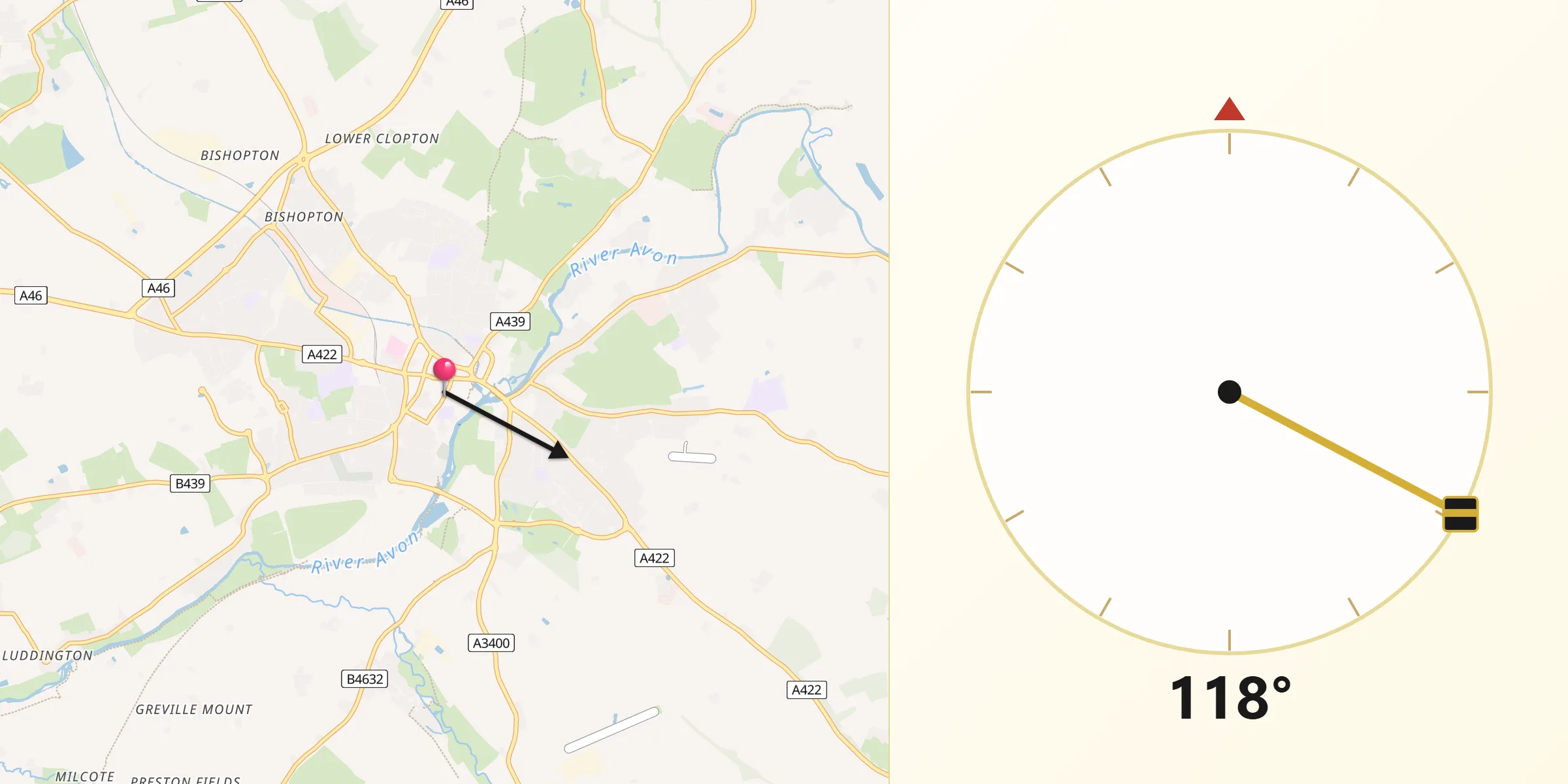 Qibla Direction from Stratford-upon-Avon