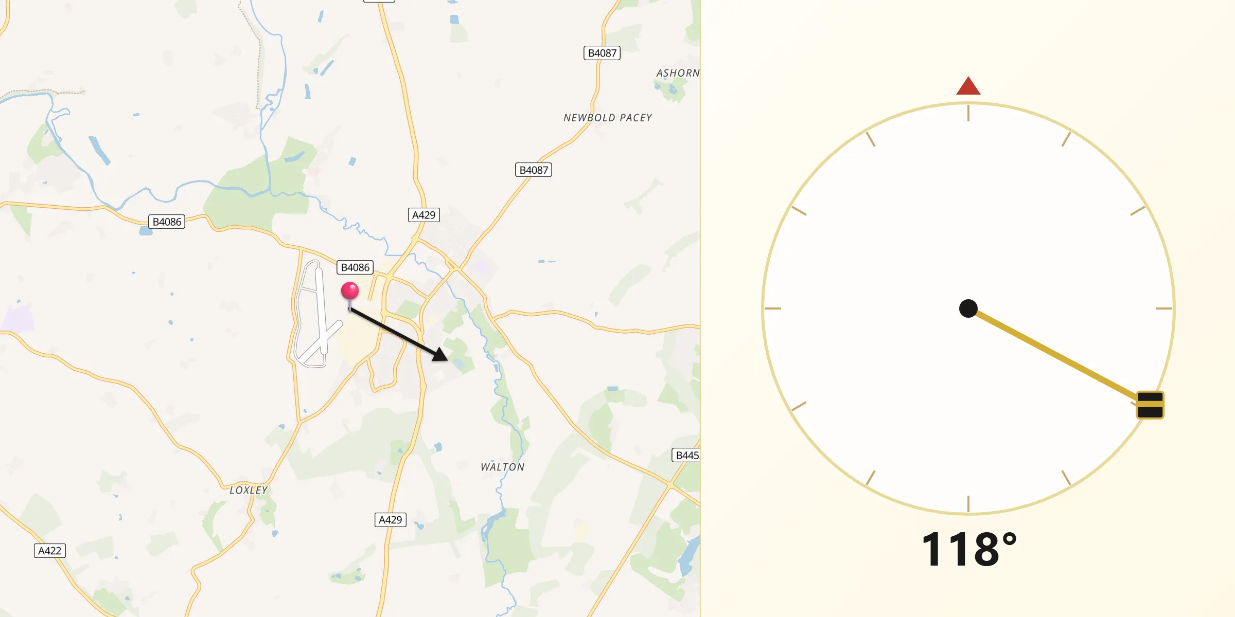 Qibla Direction from Wellesbourne Mountford