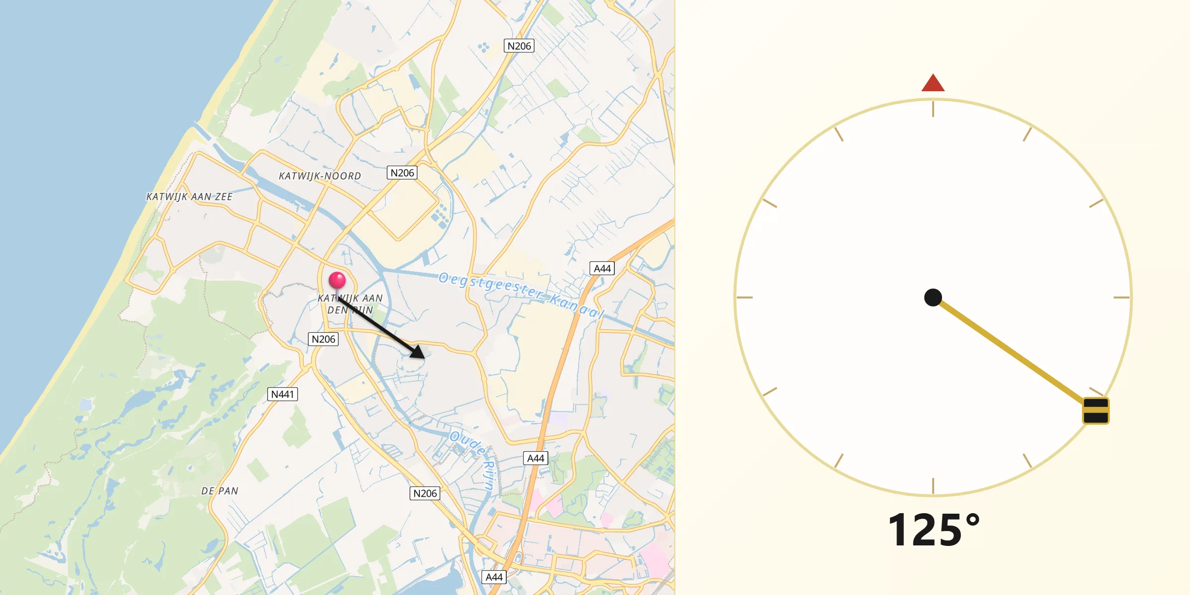 Qibla Richting vanaf Katwijk aan den Rijn