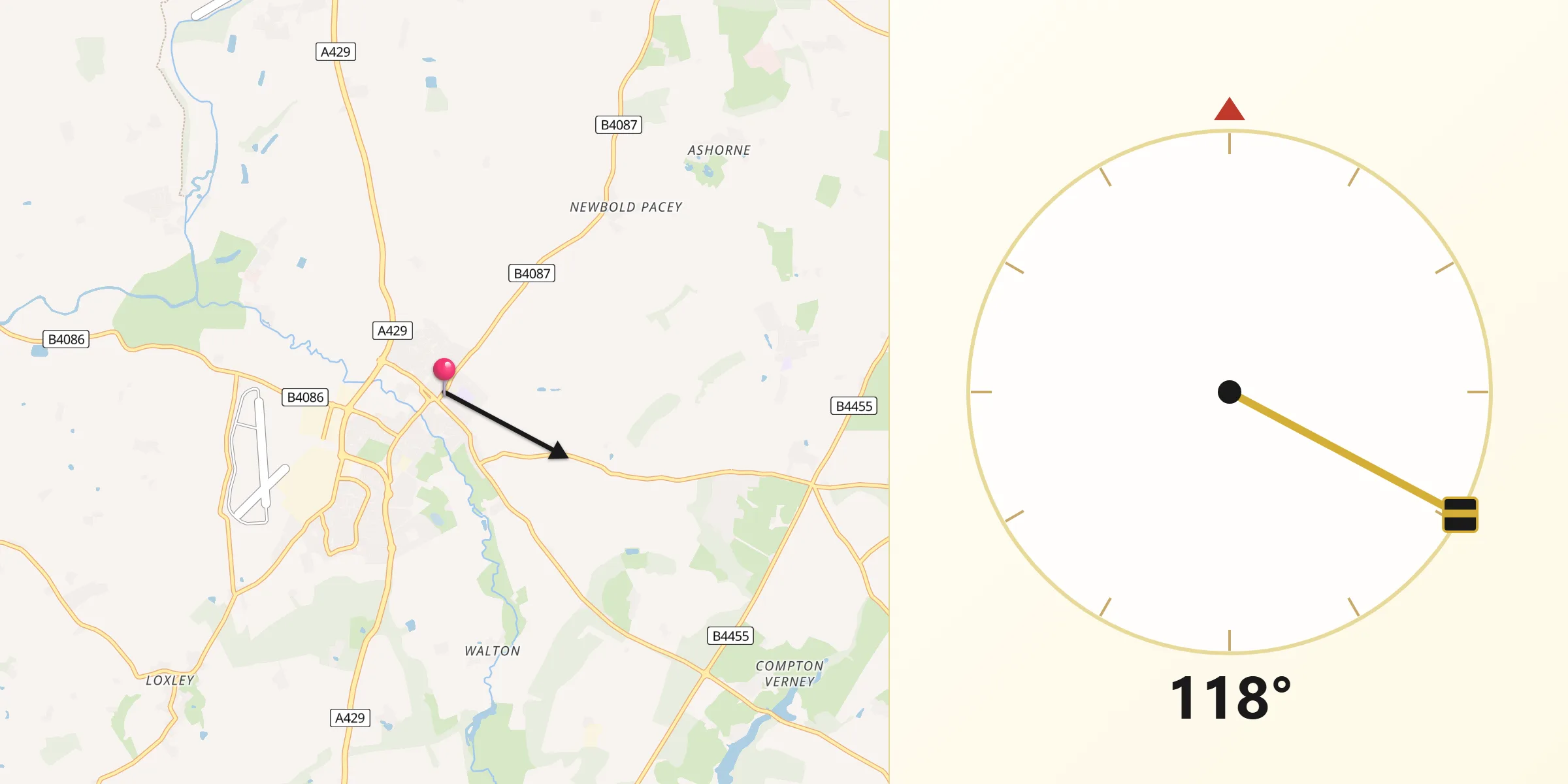Qibla Direction from Wellesbourne