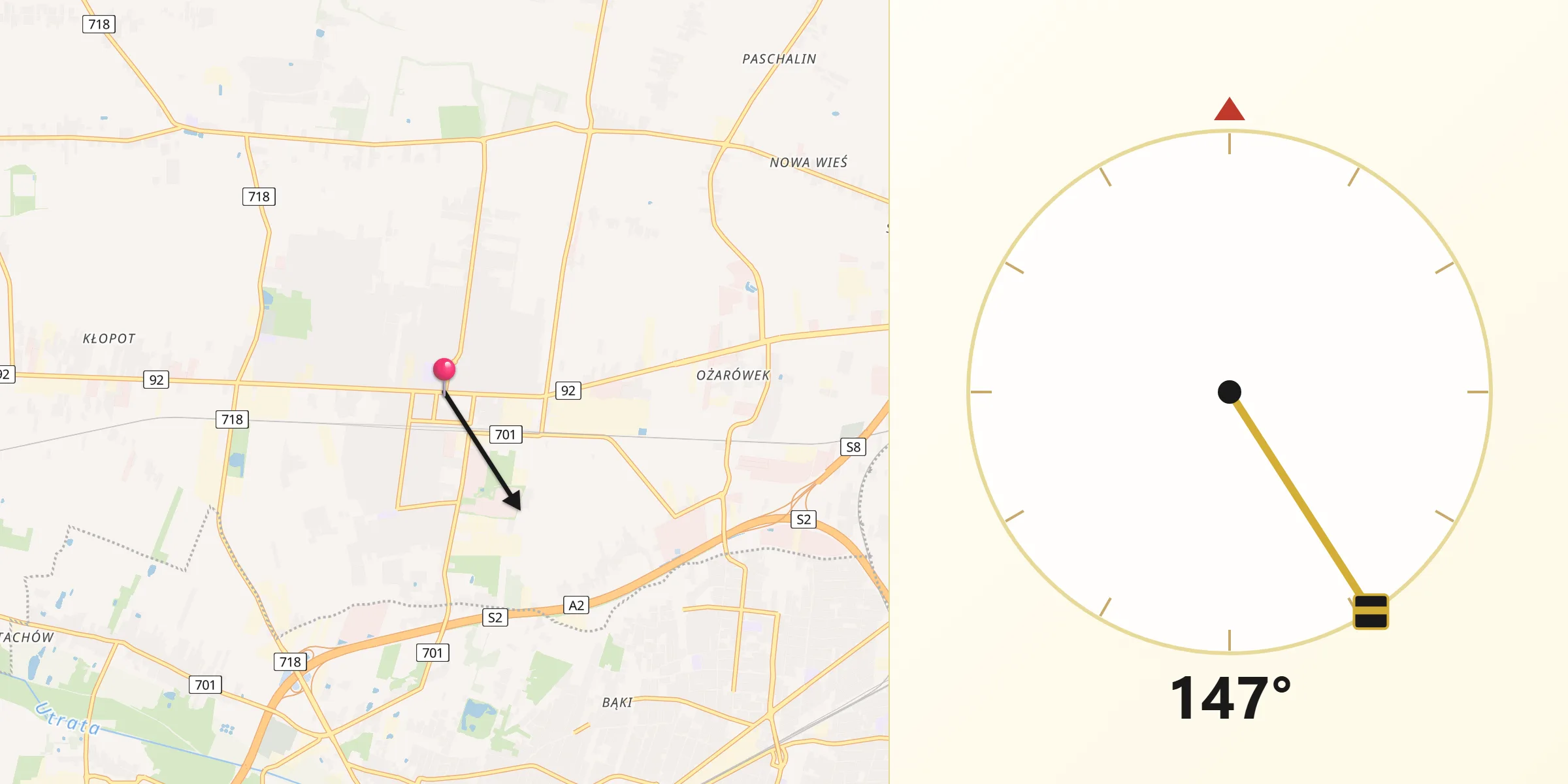 Kierunek Qibla z Ożarów Mazowiecki