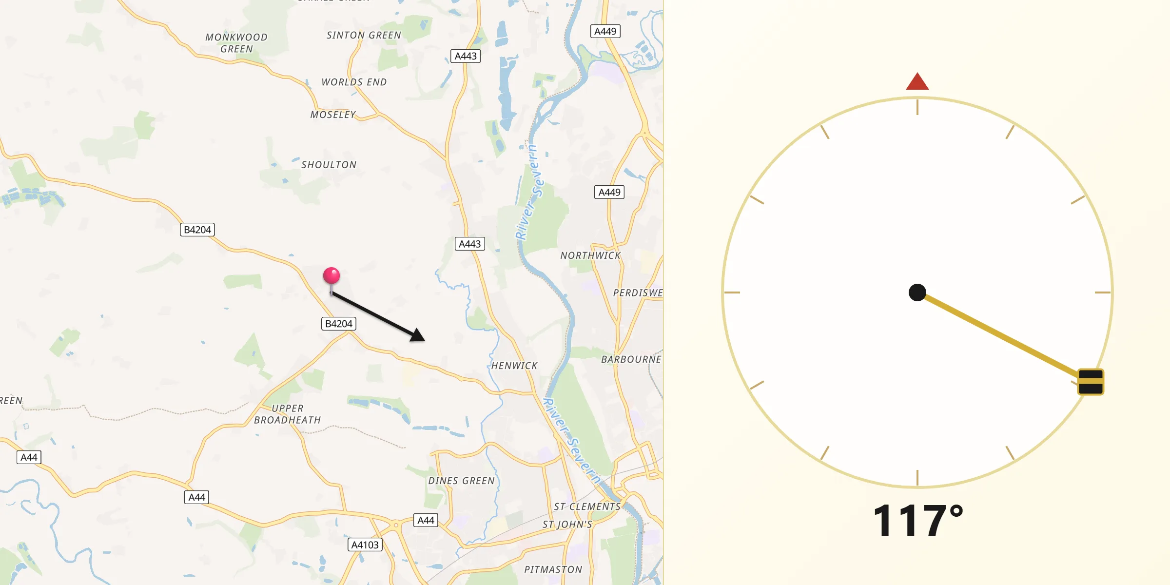 Qibla Direction from Lower Broadheath