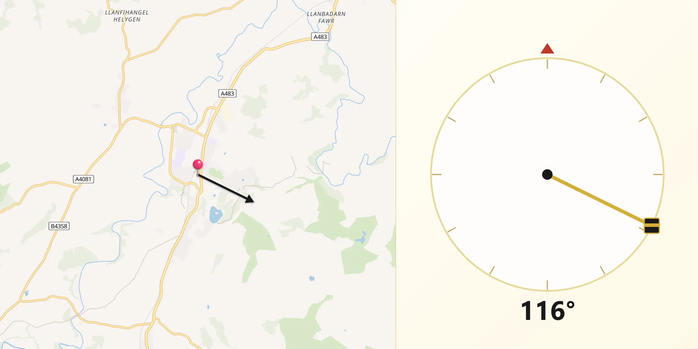 Qibla Direction from Llandrindod Wells