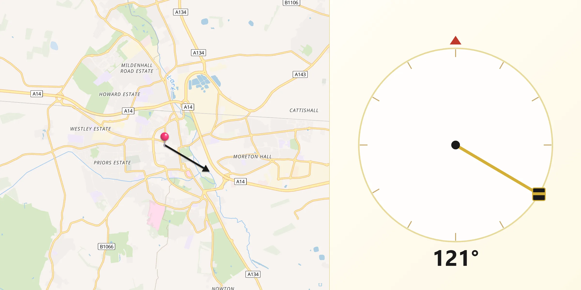 Qibla Direction from Bury St Edmunds