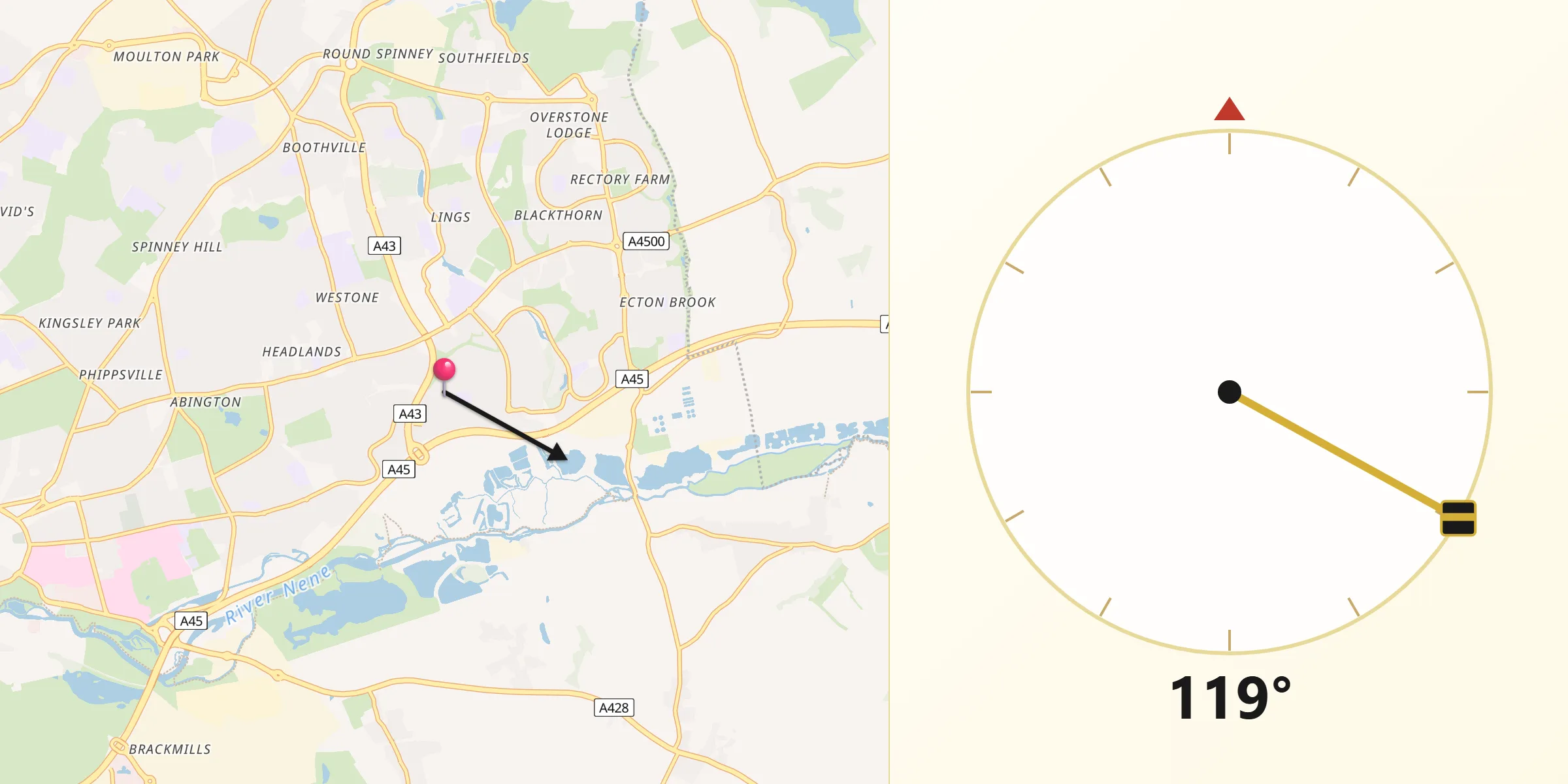 Qibla Direction from Northamptonshire