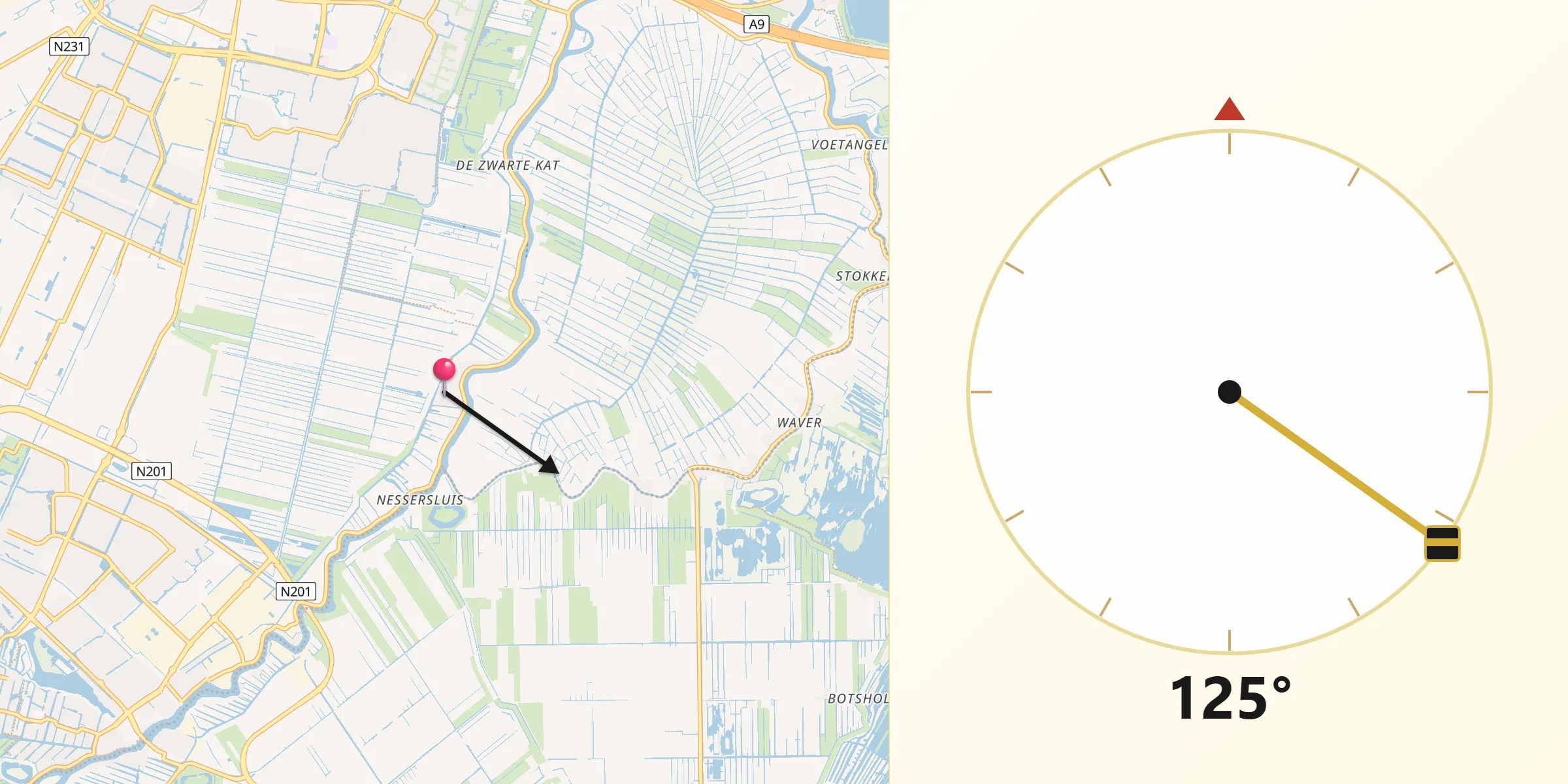 Qibla Richting vanaf Nes aan de Amstel
