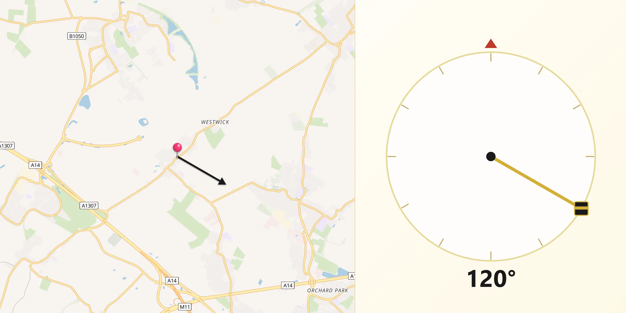 Qibla Direction from Oakington