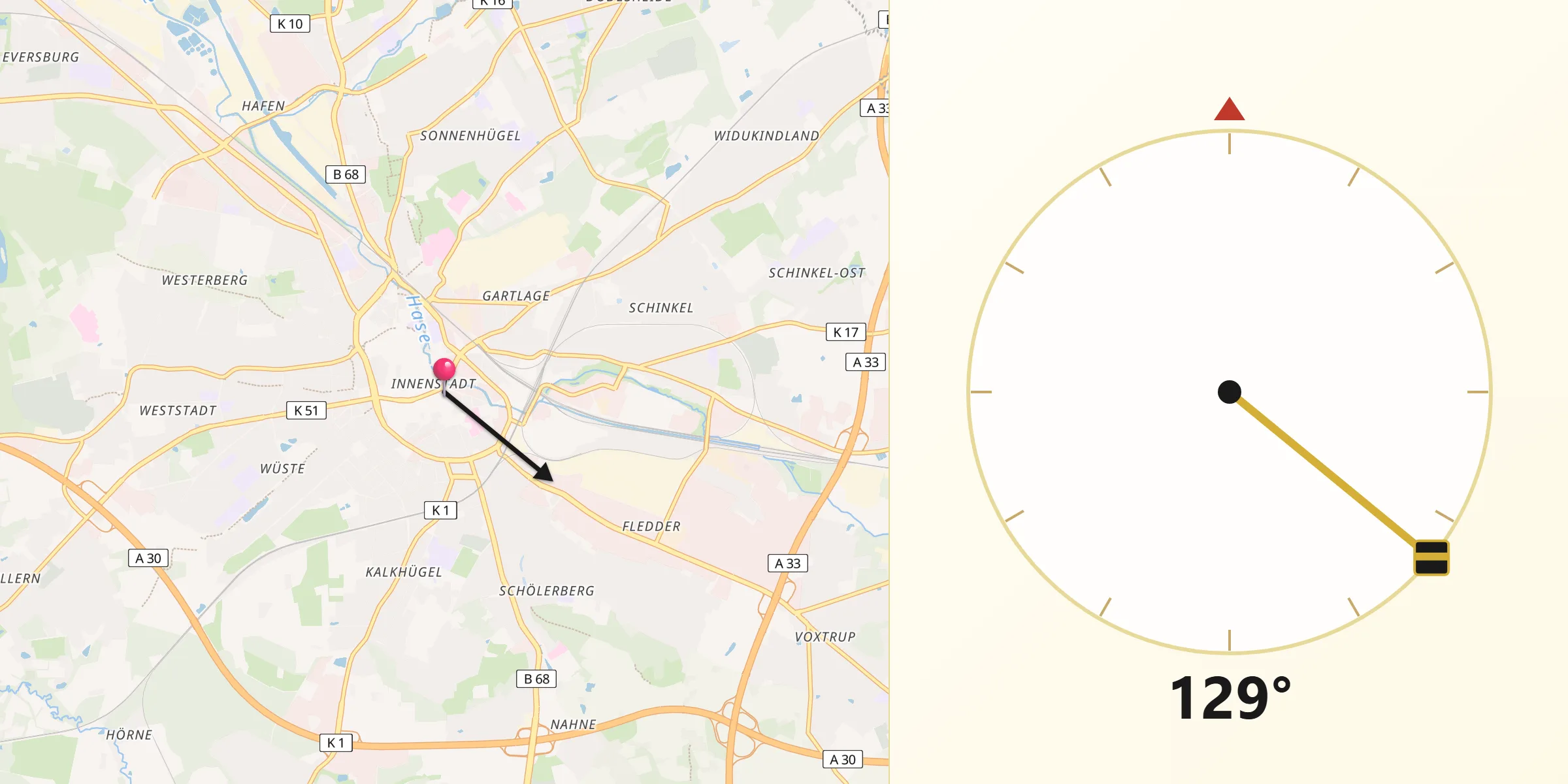Qibla Richting vanaf Osnabrück