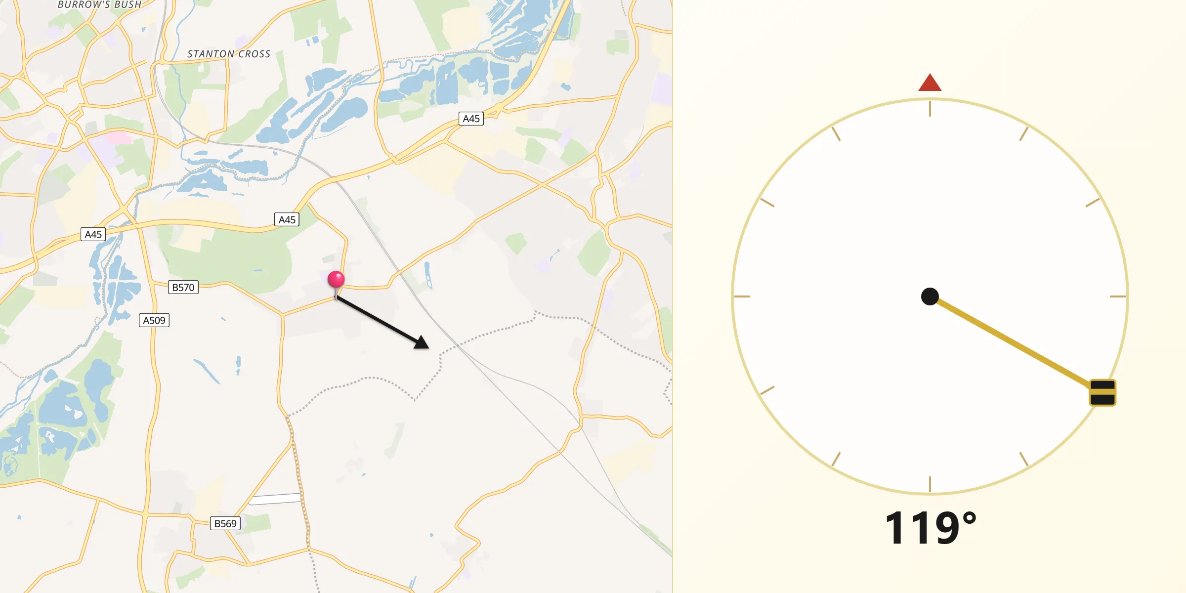 Qibla Direction from Irchester