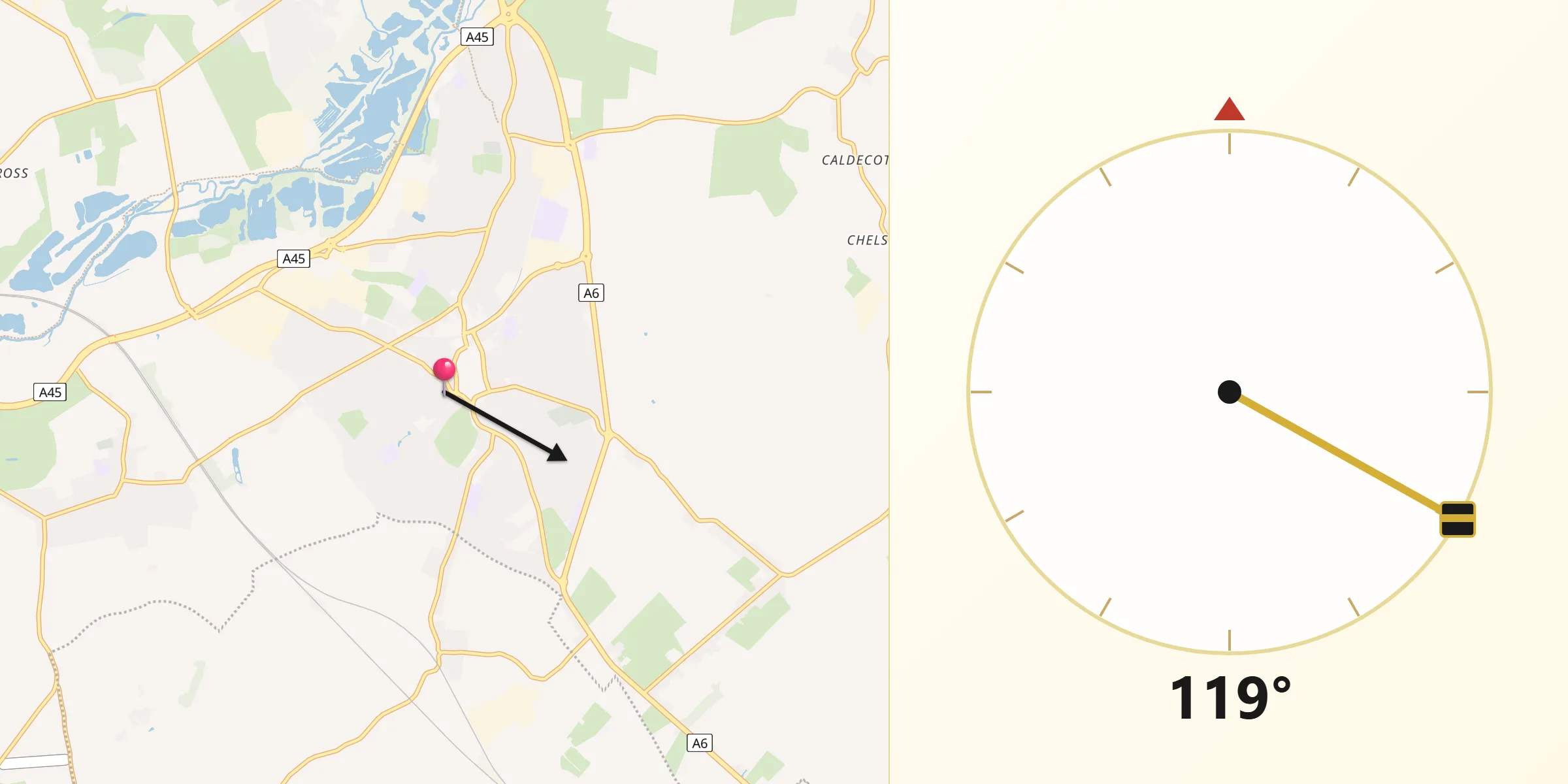 Qibla Direction from Rushden