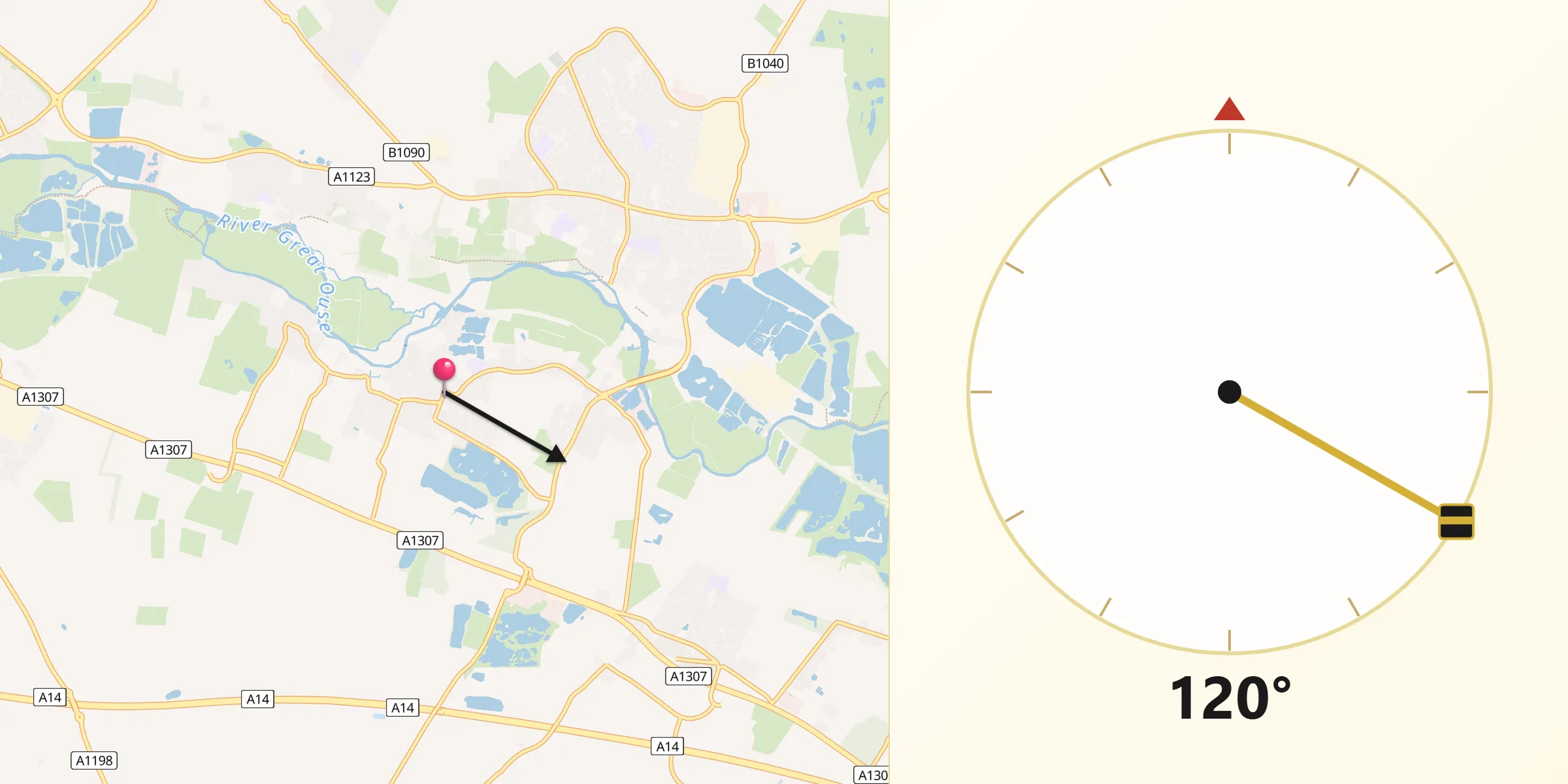 Qibla Direction from Hemingford Grey
