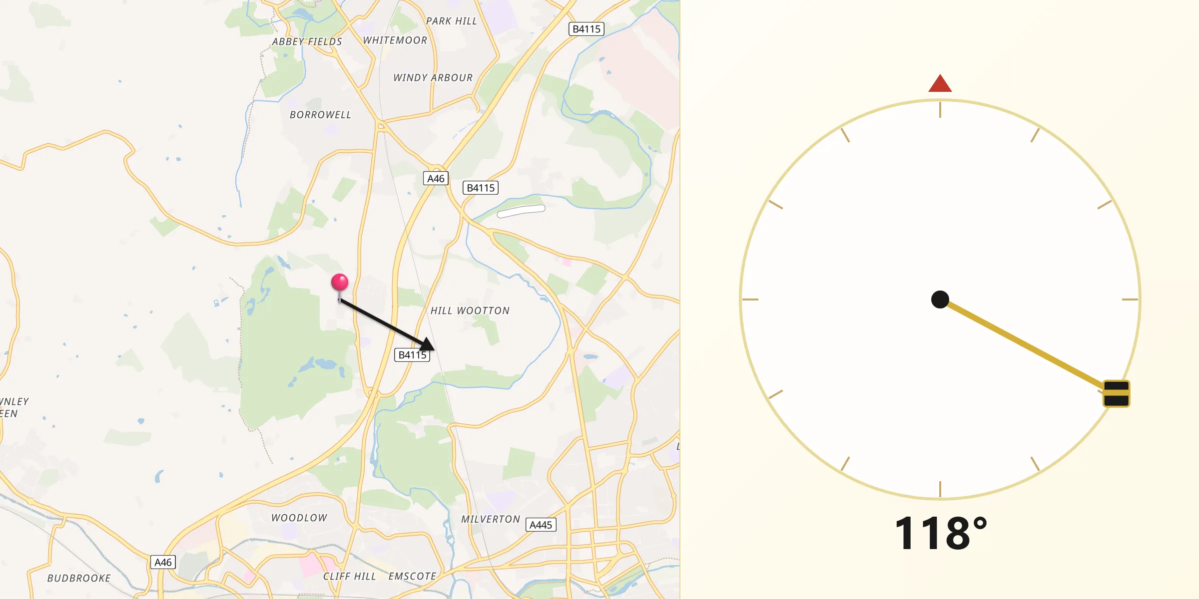 Qibla Direction from Leek Wootton