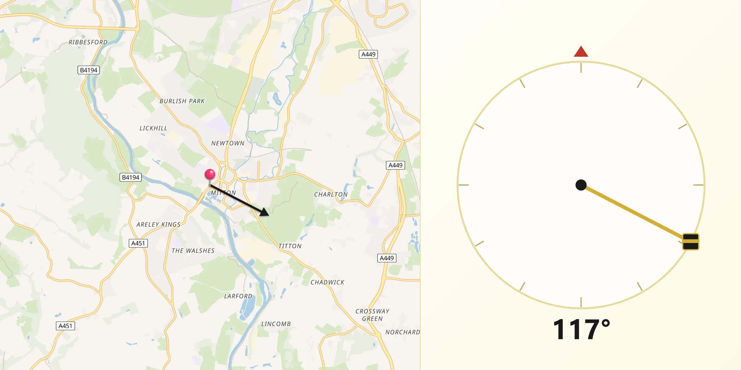 Qibla Direction from Stourport-on-Severn