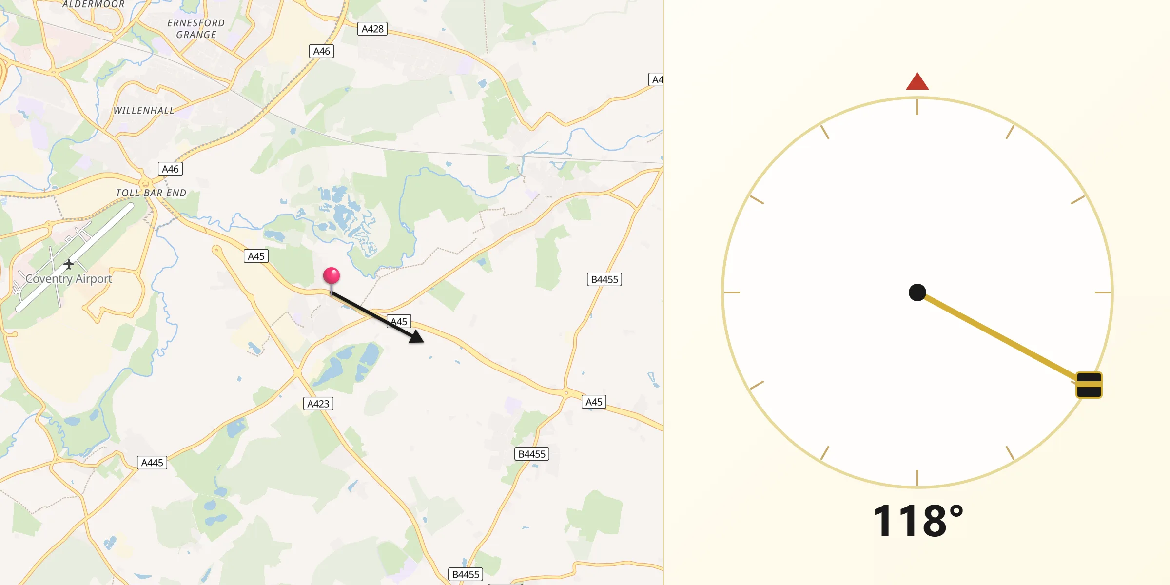 Qibla Direction from Ryton on Dunsmore