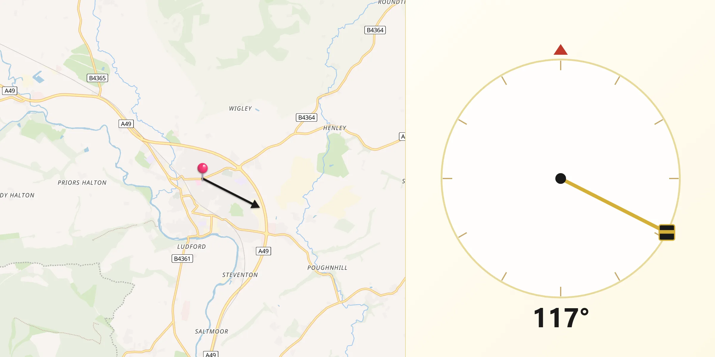 Qibla Direction from Ludlow