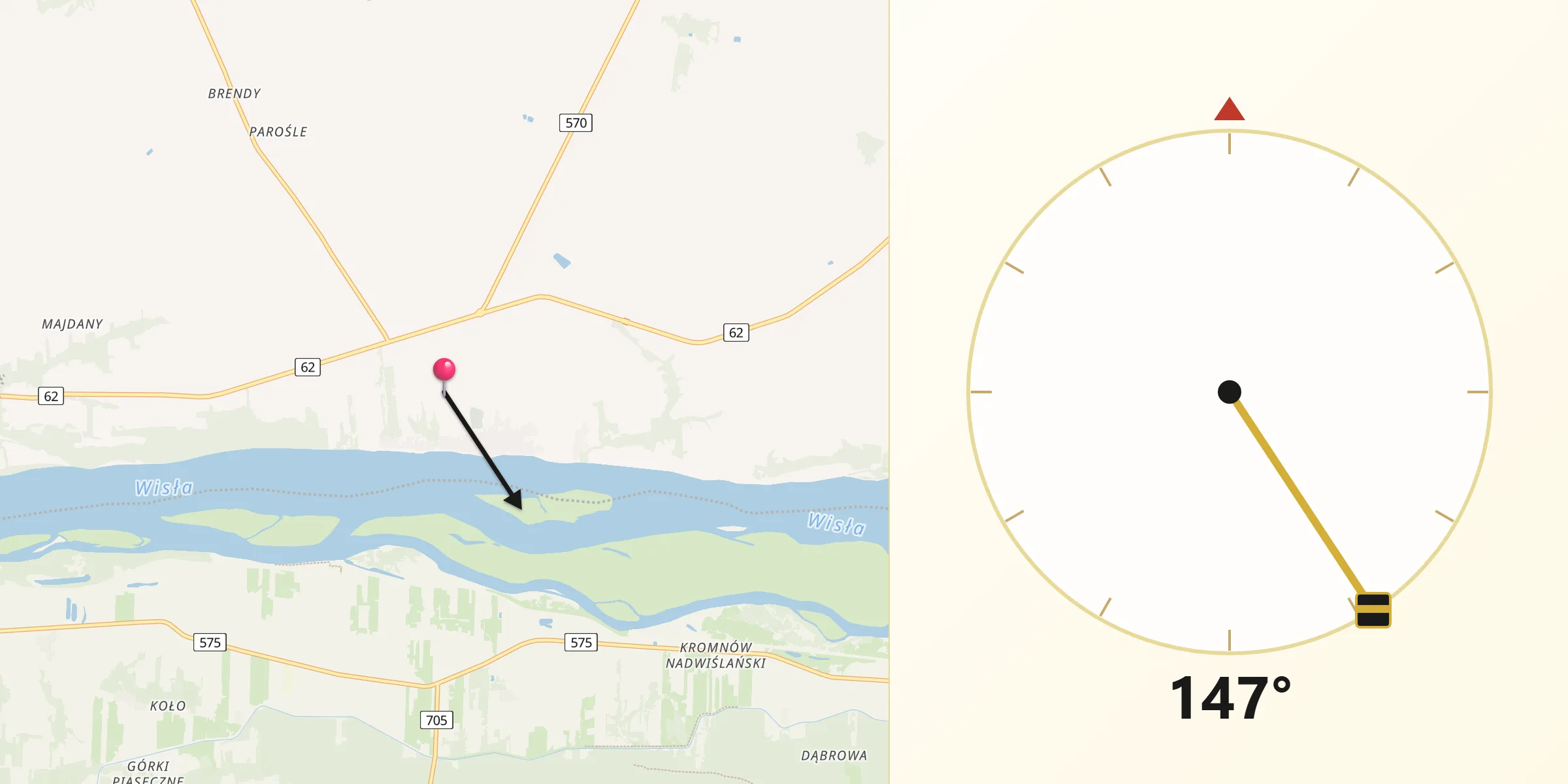 Kierunek Qibla z Czerwińsk nad Wisłą