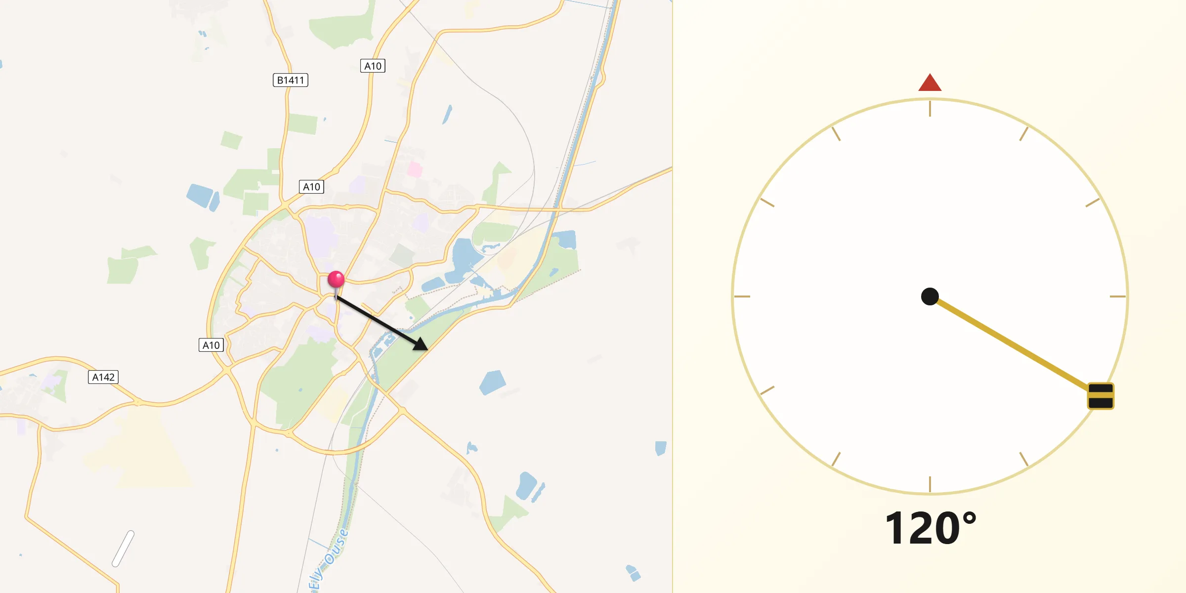 Qibla Direction from Ely