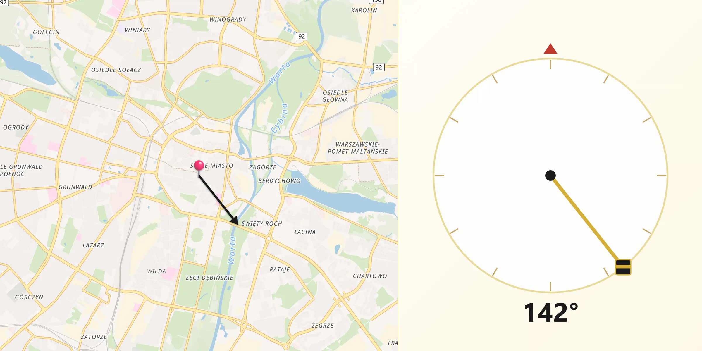 Direction vers la Qibla depuis Poznań