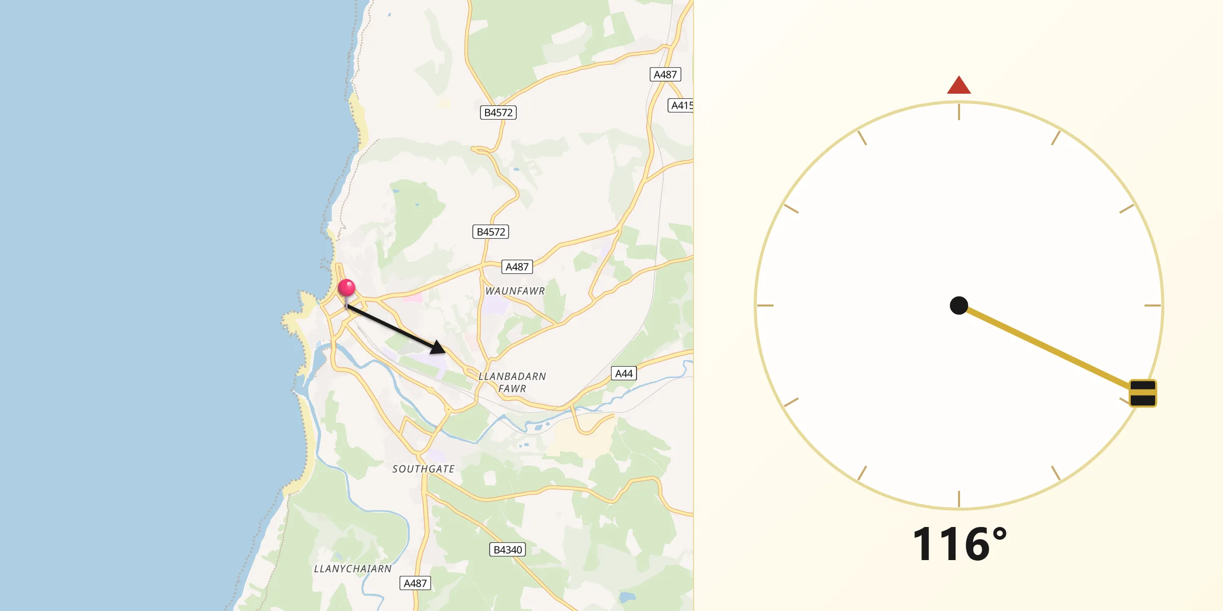 Qibla Direction from Aberystwyth