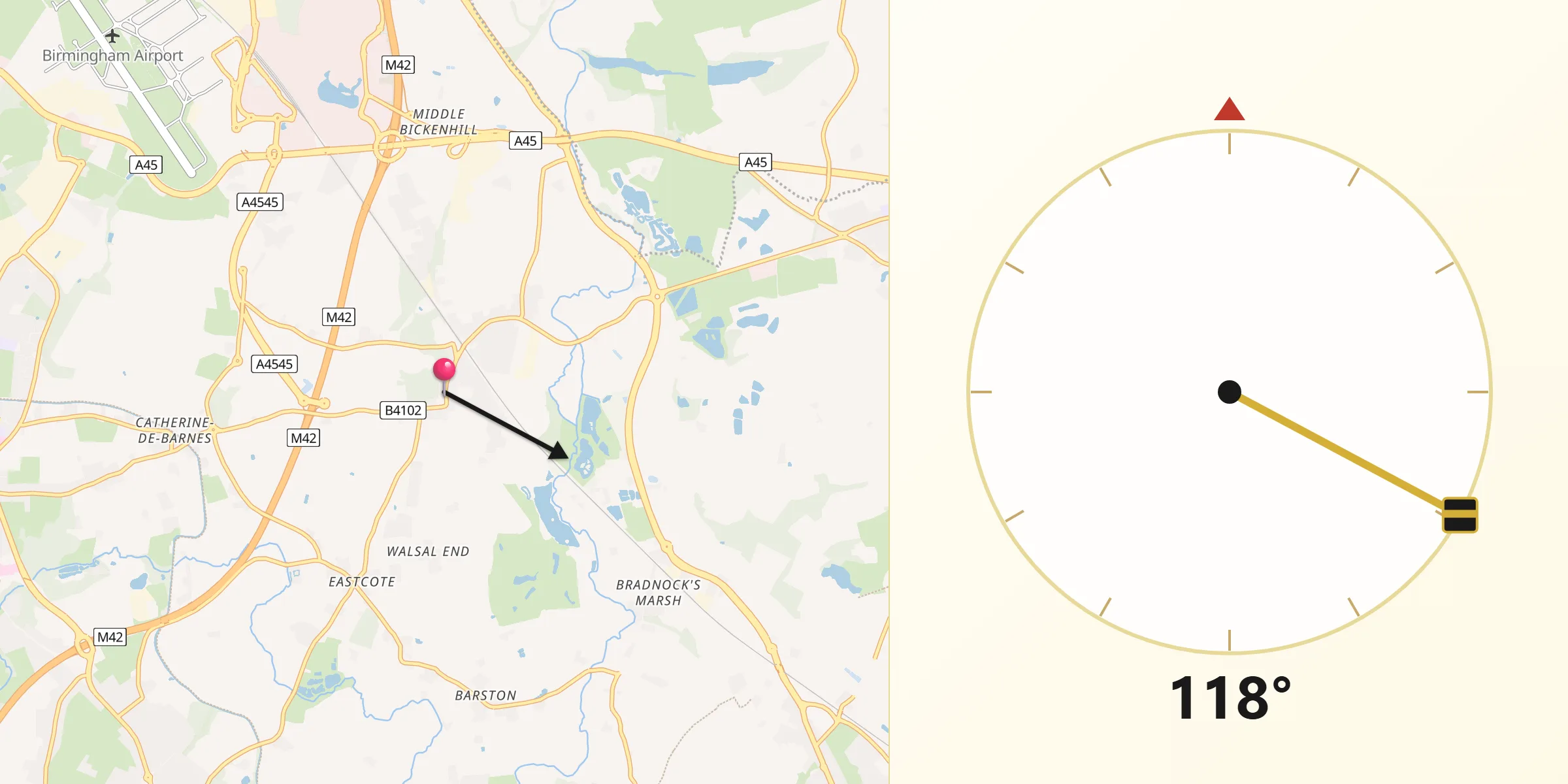 Qibla Direction from Hampton in Arden