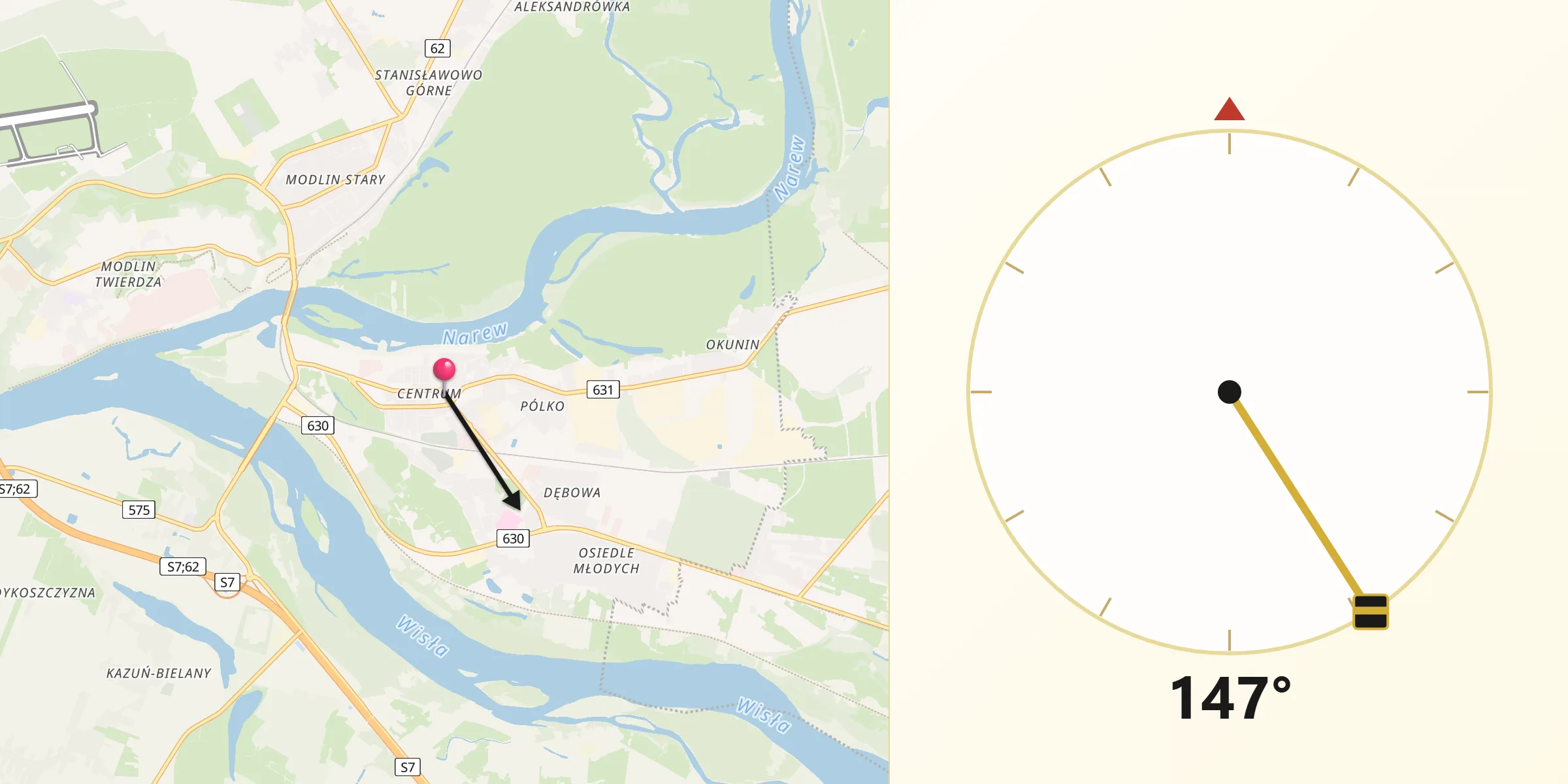 Kierunek Qibla z Nowy Dwór Mazowiecki
