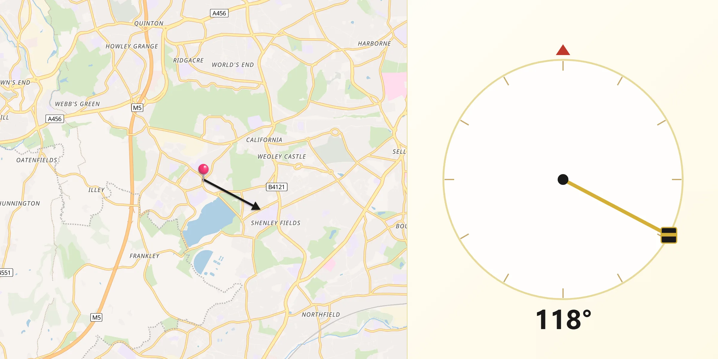 Qibla Direction from Bartley Green