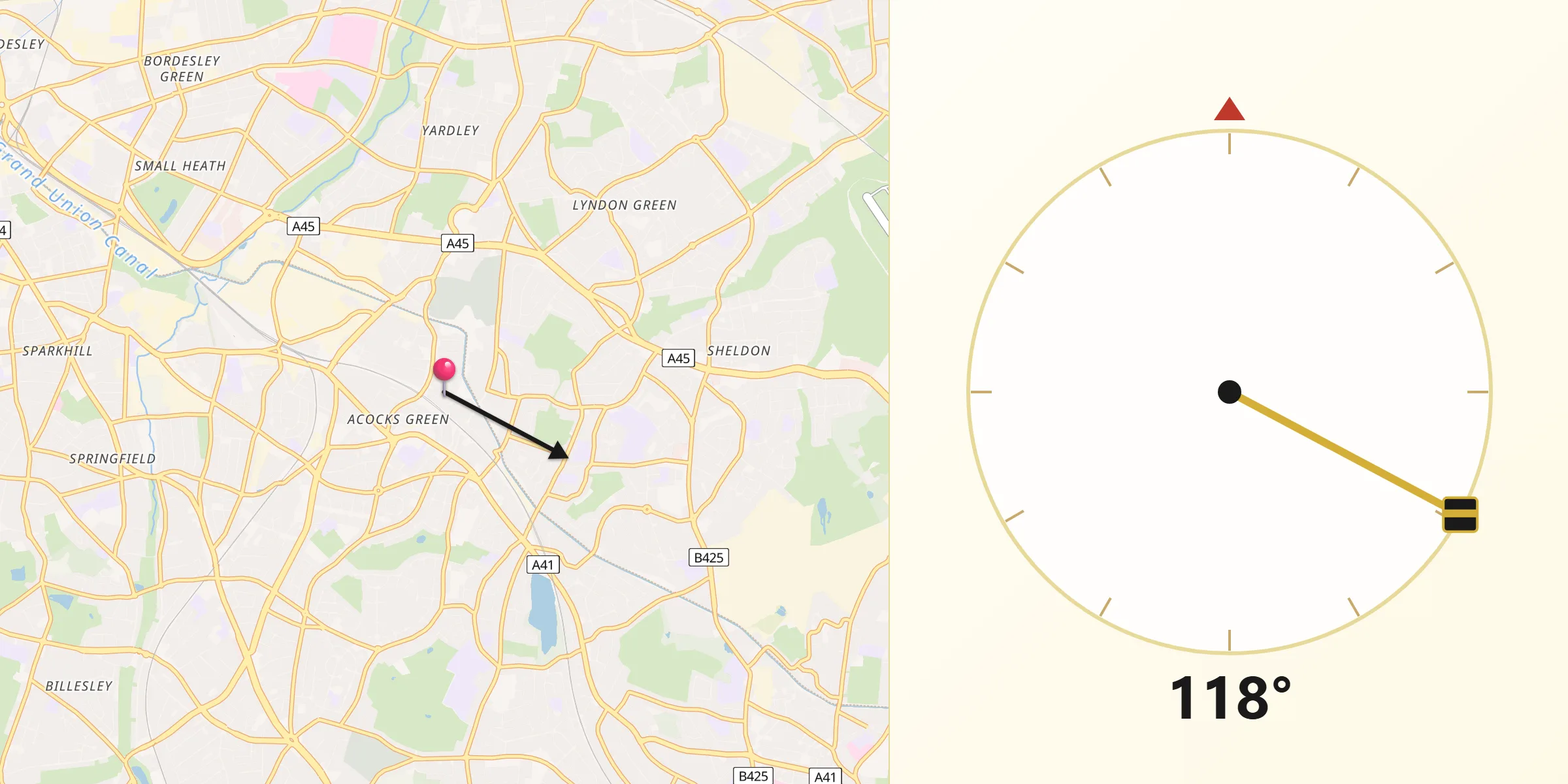 Qibla Direction from Acocks Green