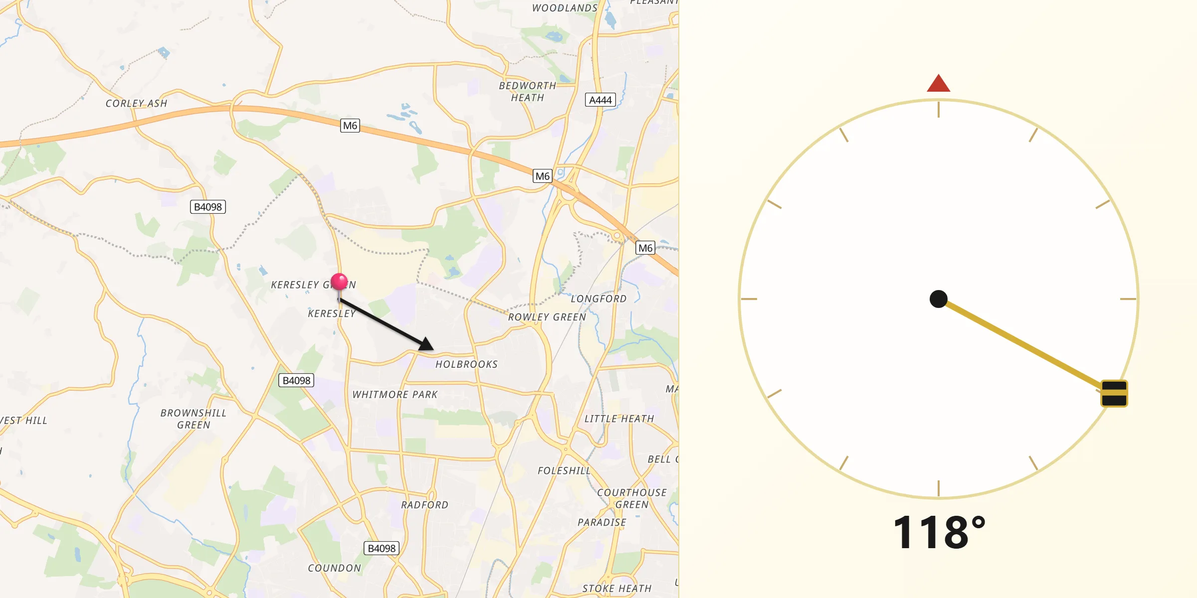Qibla Direction from Keresley