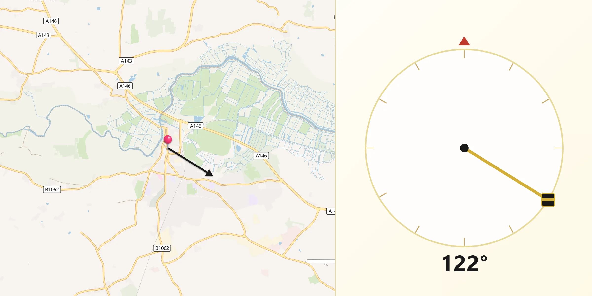 Qibla Direction from Beccles