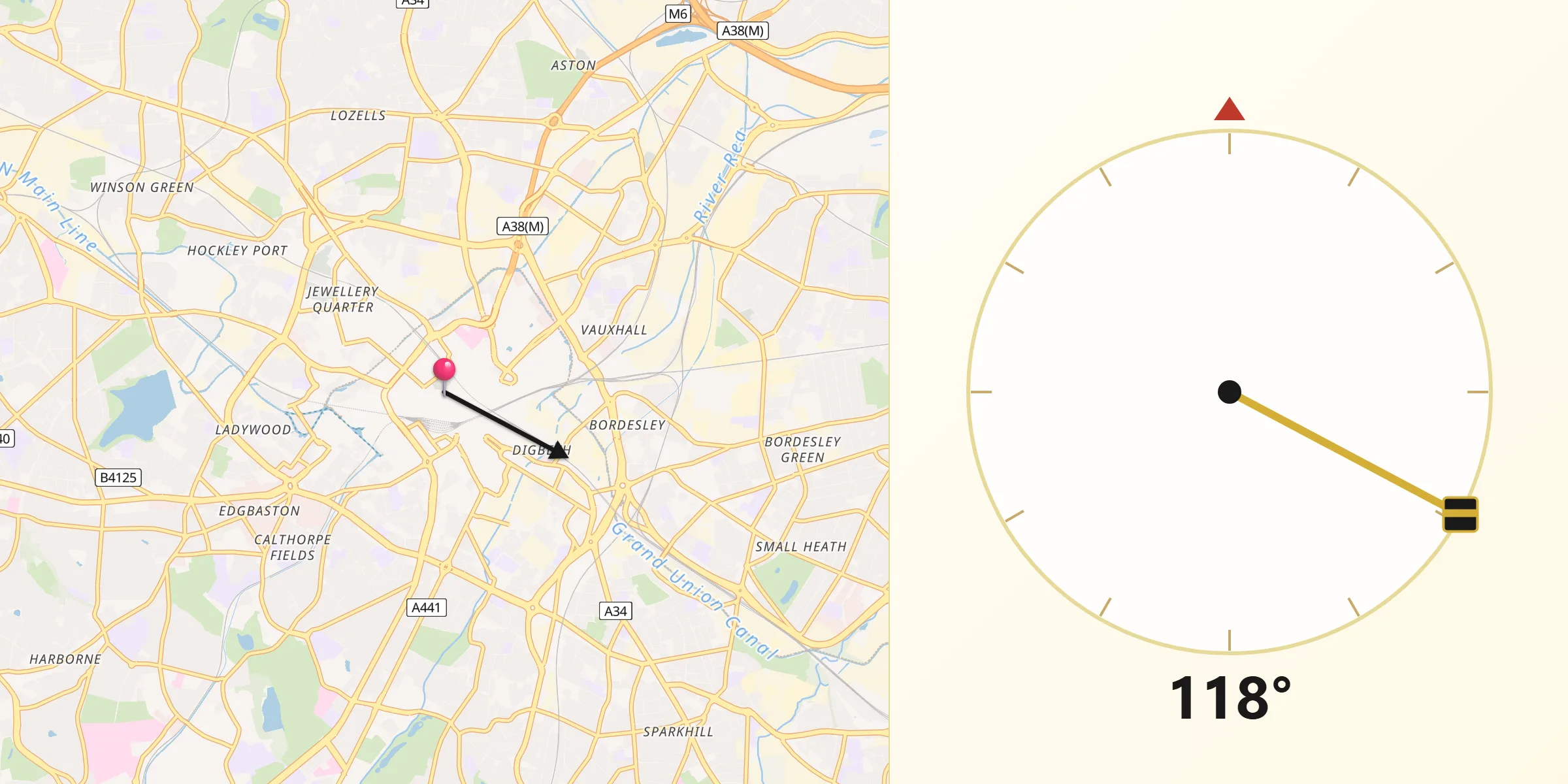 Qibla Direction from City and Borough of Birmingham